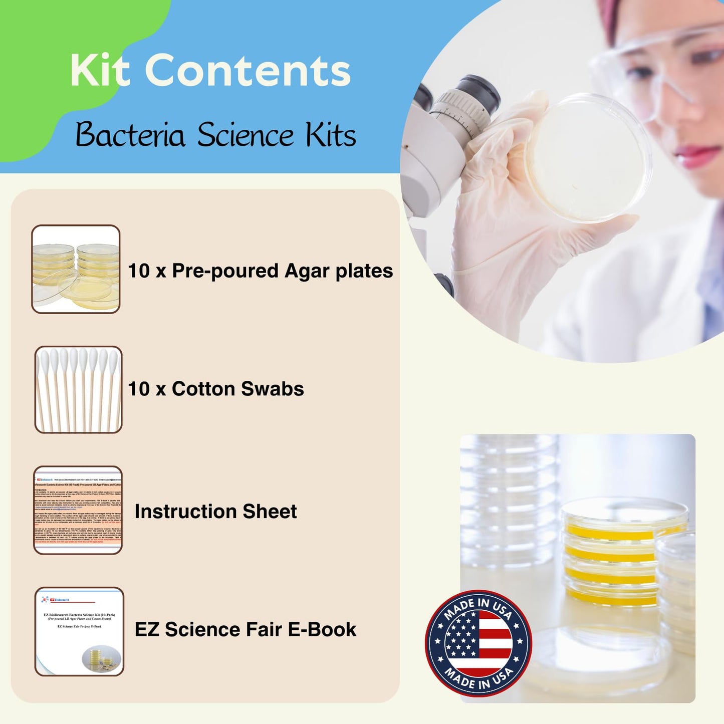 EZ BioResearch Bacteria Science Kit (IV): Top Science Fair Project Kit. Prepoured LB-Agar Plates And Cotton Swabs. Exclusive Free Science Fair Project E-Book Packed With Award Winning Experiments (IV)