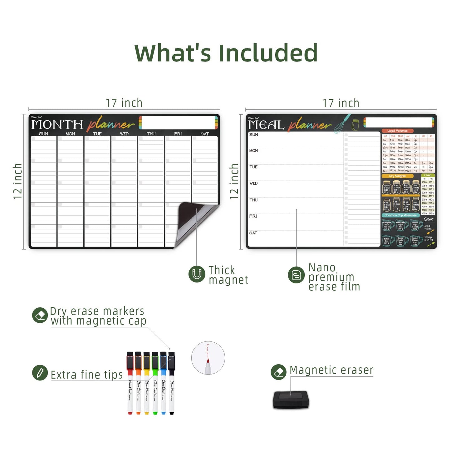 Magnetic Dry Erase Monthly Calendar and Menu Board - 17"x12" Monthly Planner and Meal Planning Board for Fridge - 6 Extra Fine Point Markers Included - Shipped Flat
