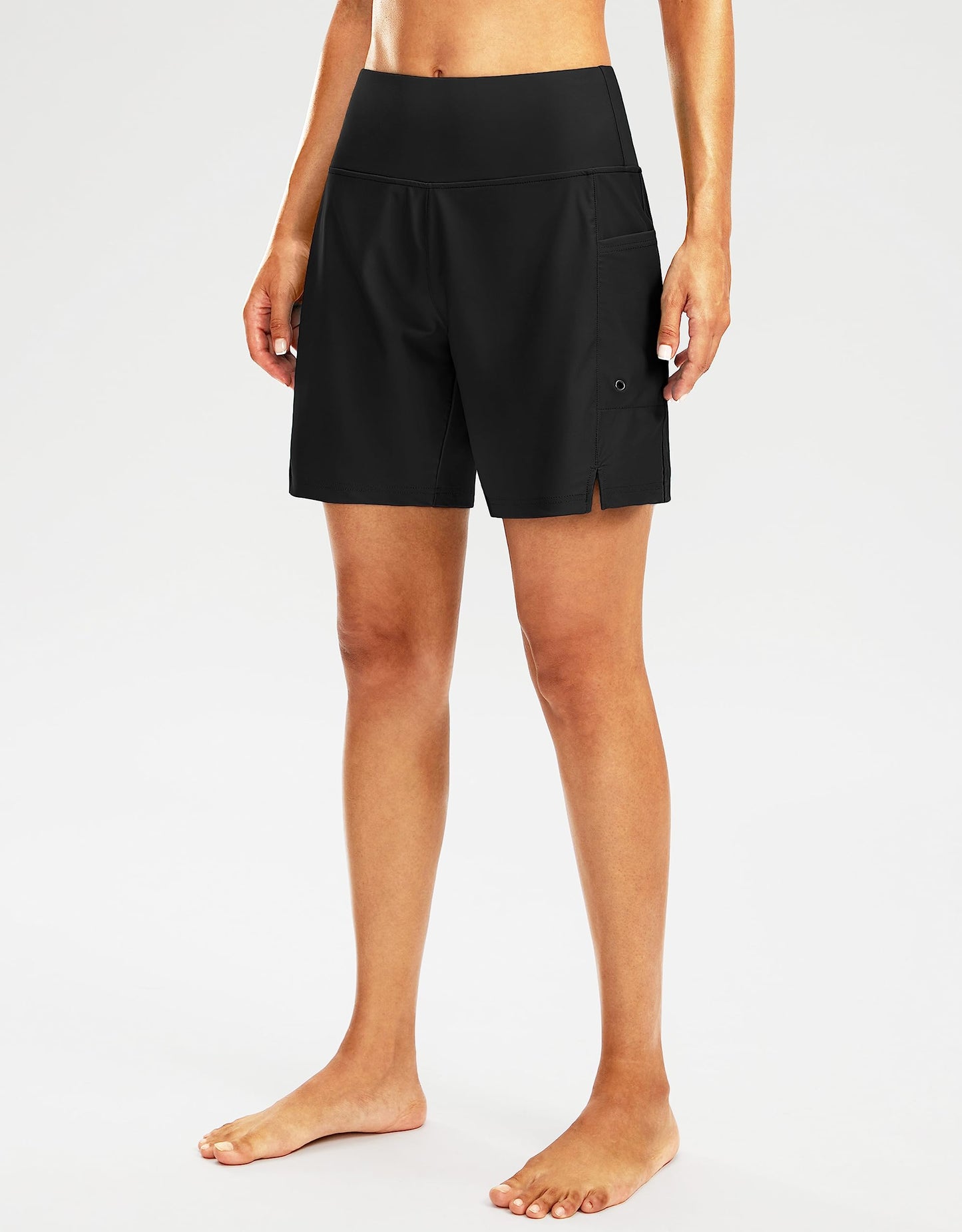 G Gradual Women's 7" Long Swim Board Shorts High Waisted Quick Dry Beach Swimming Shorts for Women with Liner Pockets(Black,L)