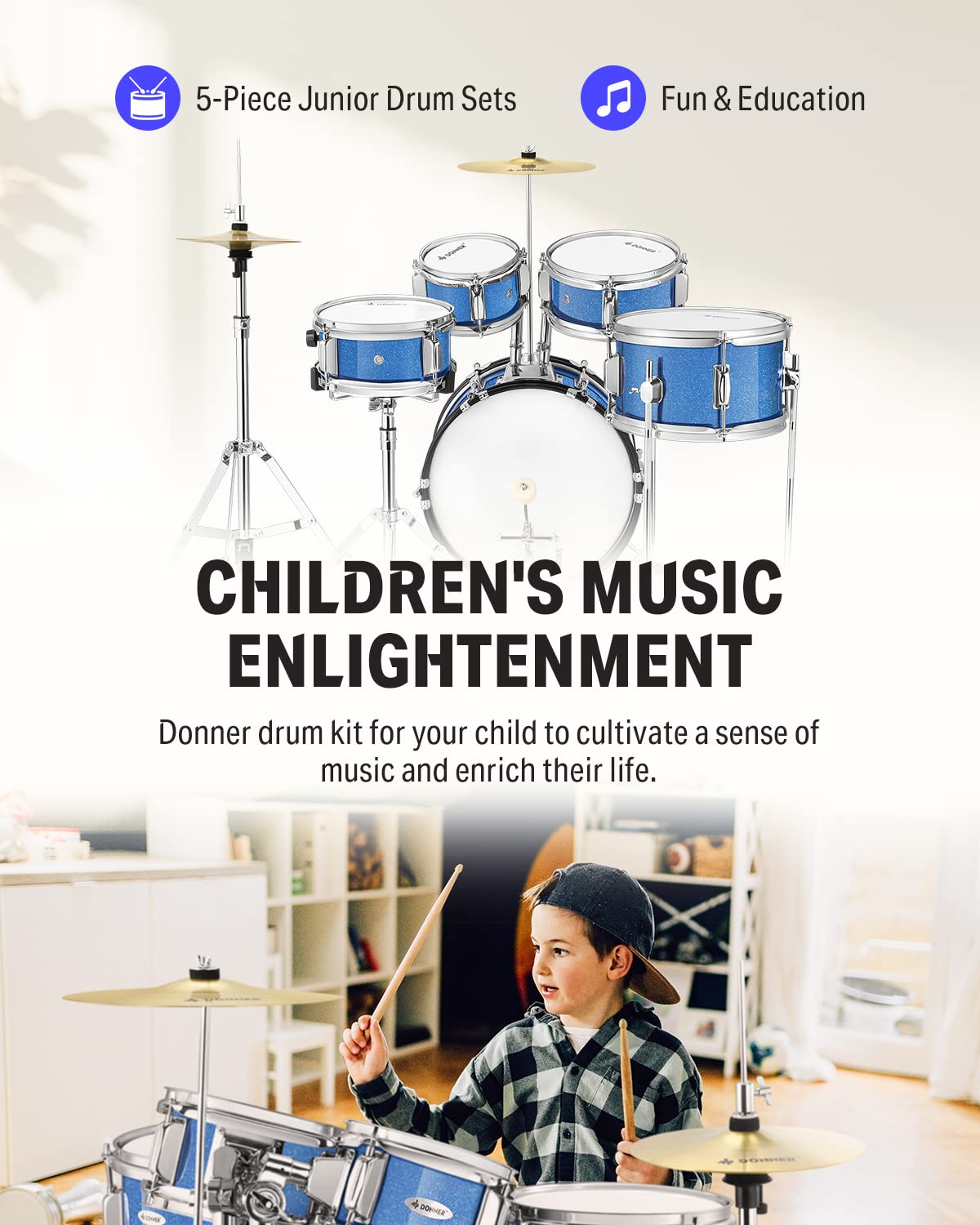 Kids Drum Sets-Donner 5-Piece for Beginners,14 inch Junior Drum Kit, with Adjustable Throne, Cymbal, Hi-Hat, Pedal & Drumstick, Present for Child-Blue
