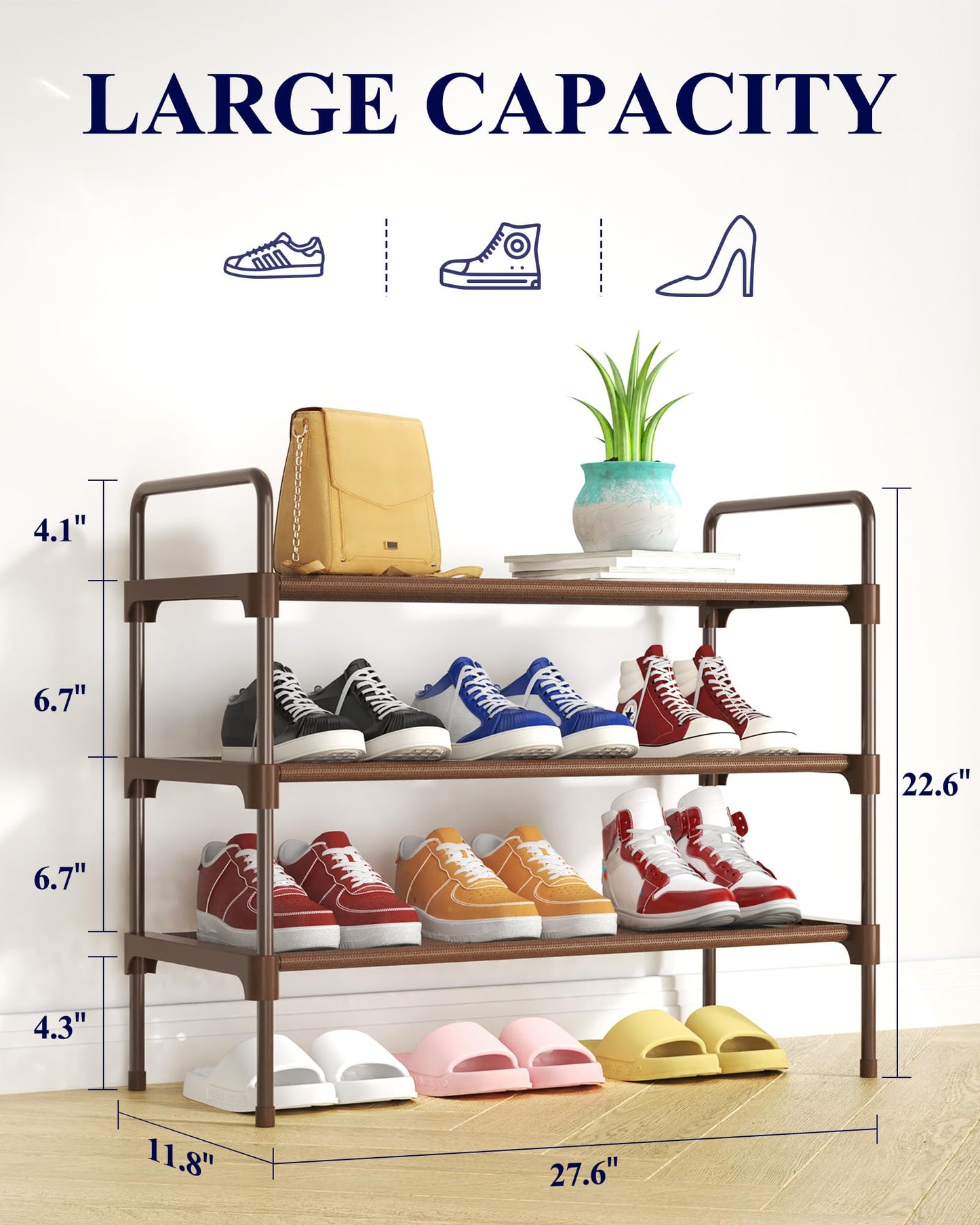 Kitsure Shoe Rack for Closet, Sturdy and Long-Lasting Shoe Shelf, Shoe Rack for Entryway, Personalized DIY Shoe Organizer, Shoe Rack Organizer for Space-Saving, 27.6" x 11.8" x 22.6", Brown