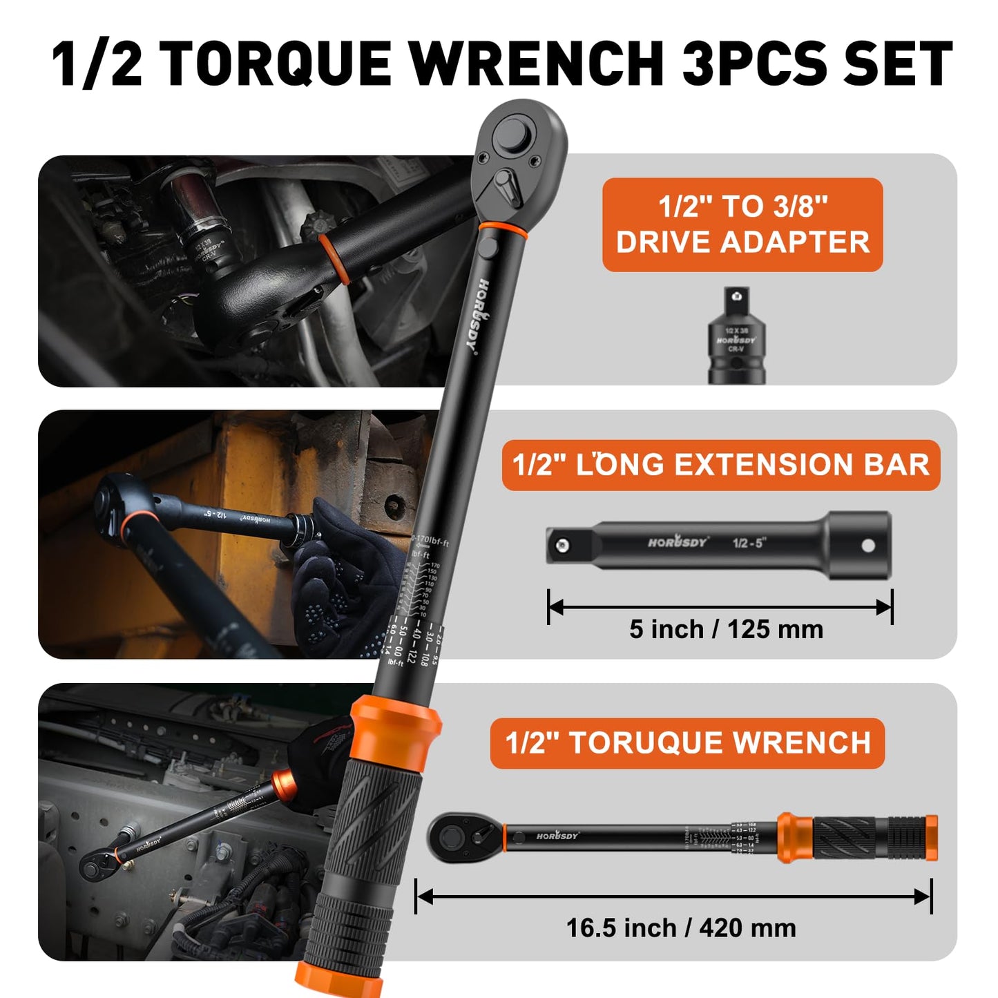 HORUSDY 1/2-Inch Drive Click Torque Wrench Set – 10–170 ft-lb / 13.6–230.5 Nm, ±3% Precision, Dual Scale, 72-Tooth Reversible Head with 5" Extension & Adapter for Car, Tire, and Motorcycle Use