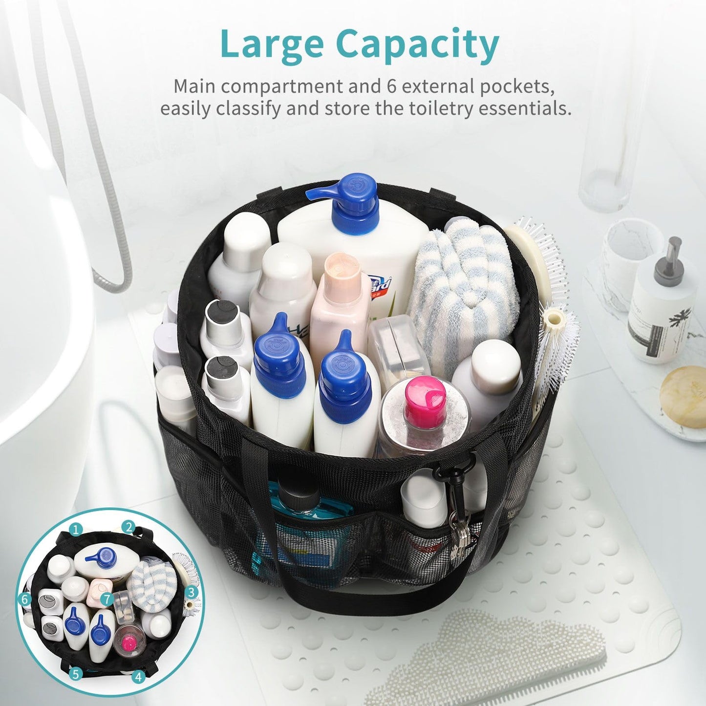 Mesh Shower Caddy Portable for College Dorm Room Essentials, Shower Tote Bag with Hanging Hook and Drawstring, Quick Dry Toiletry Bag with 6 Pockets for Bathroom, Swimming, Gym, Camping, Beach, Travel