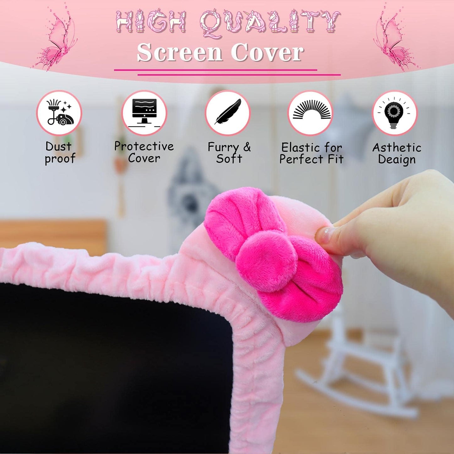 Kakurookie 23'' - 34'' Computer Monitor Protective Cover with Cat Ear Design, Cute Monitor Dust Cover with Furry Design, Elastic Dustproof, Suitable for PC, Tablet, TV
