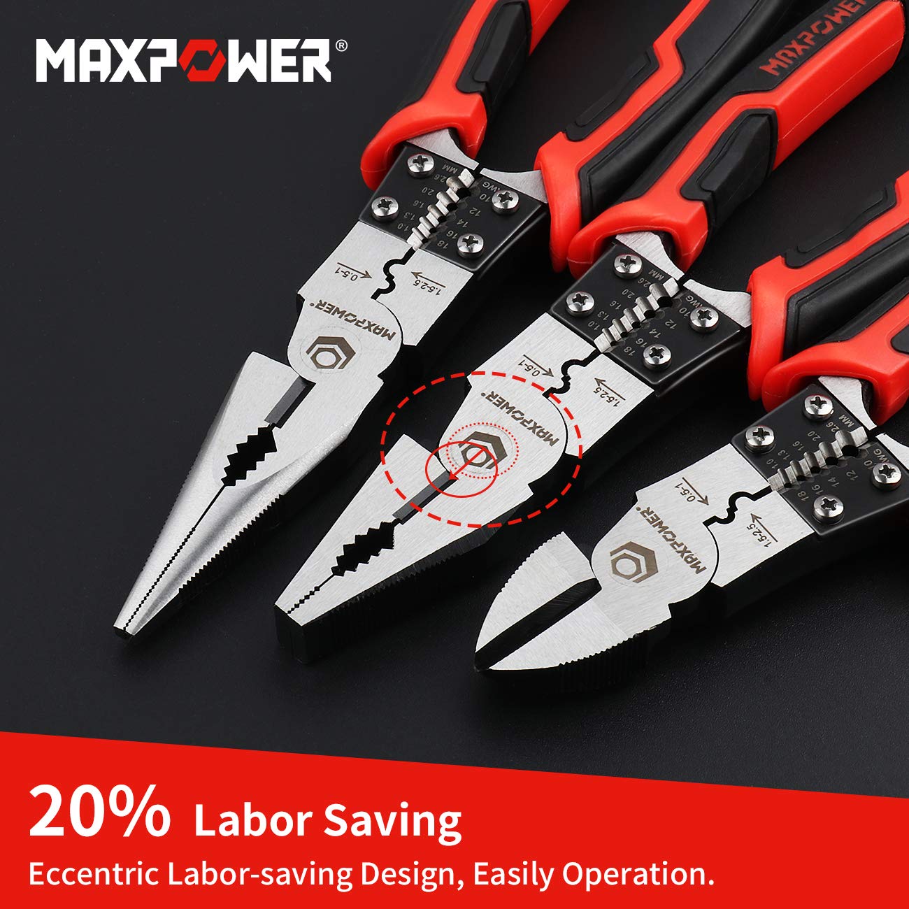 MAXPOWER 3-in-1 Multifunctional Pliers Set, Wire Stripper, Crimper, Cutter, Long Nose Pliers, Diagonal Side Cutters, Linesman Plier - 8 inch