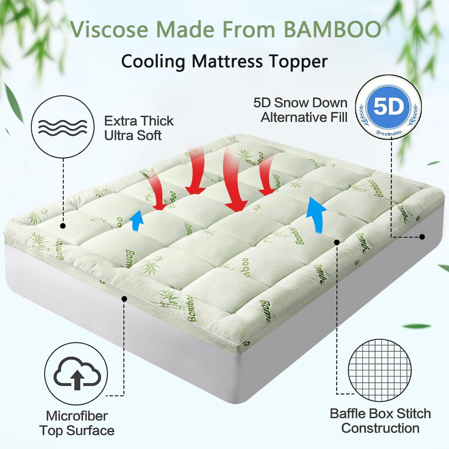 Premium Viscose Made from Bamboo Twin XL Size Mattress Topper for Back Pain, 1200 GSM Quilted Fitted Extra Thick Mattress Pad,Pillow Top Mattress Cover with Deep Pocket Up to 21 Inches(39 * 80inch)