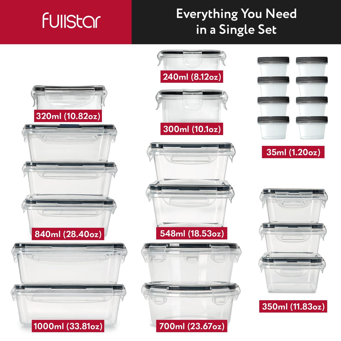 fullstar 50-Piece Plastic Food Storage Containers with Lids (24 Containers & 24 Lids) - Leakproof, BPA-Free, Meal Prep Containers, Reusable Lunch Storage Set for Kitchen Organization (Pack of 50)