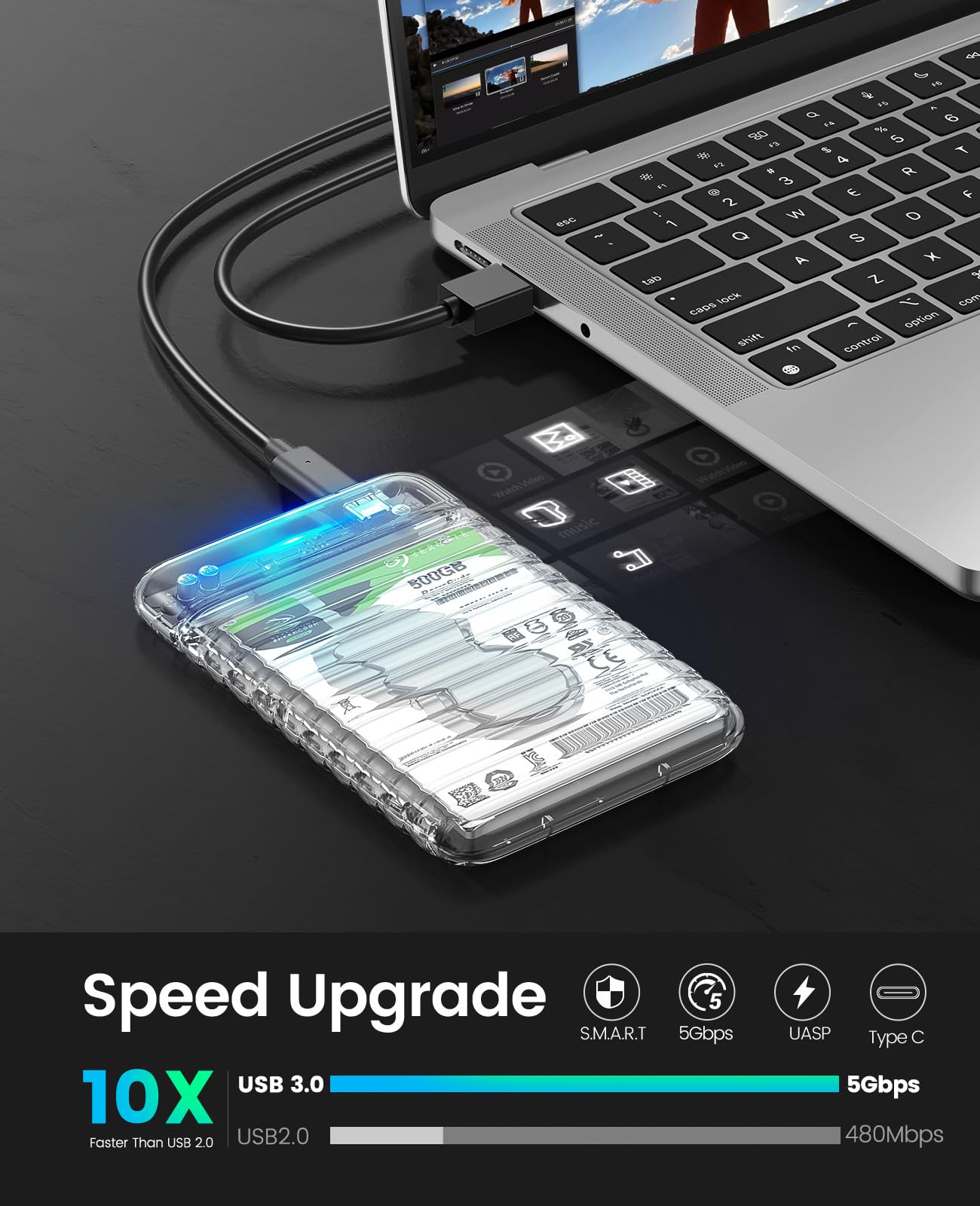 ORICO 2.5 inch Hard Drive Enclosure USB C to SATA III 5Gbps Clear External Hard Drive Case for All 7mm 9.5mm 2.5 inch SATA SSD HDD Up to 6TB, Tool-Free, Support USB 3.0 UASP (2139C3)