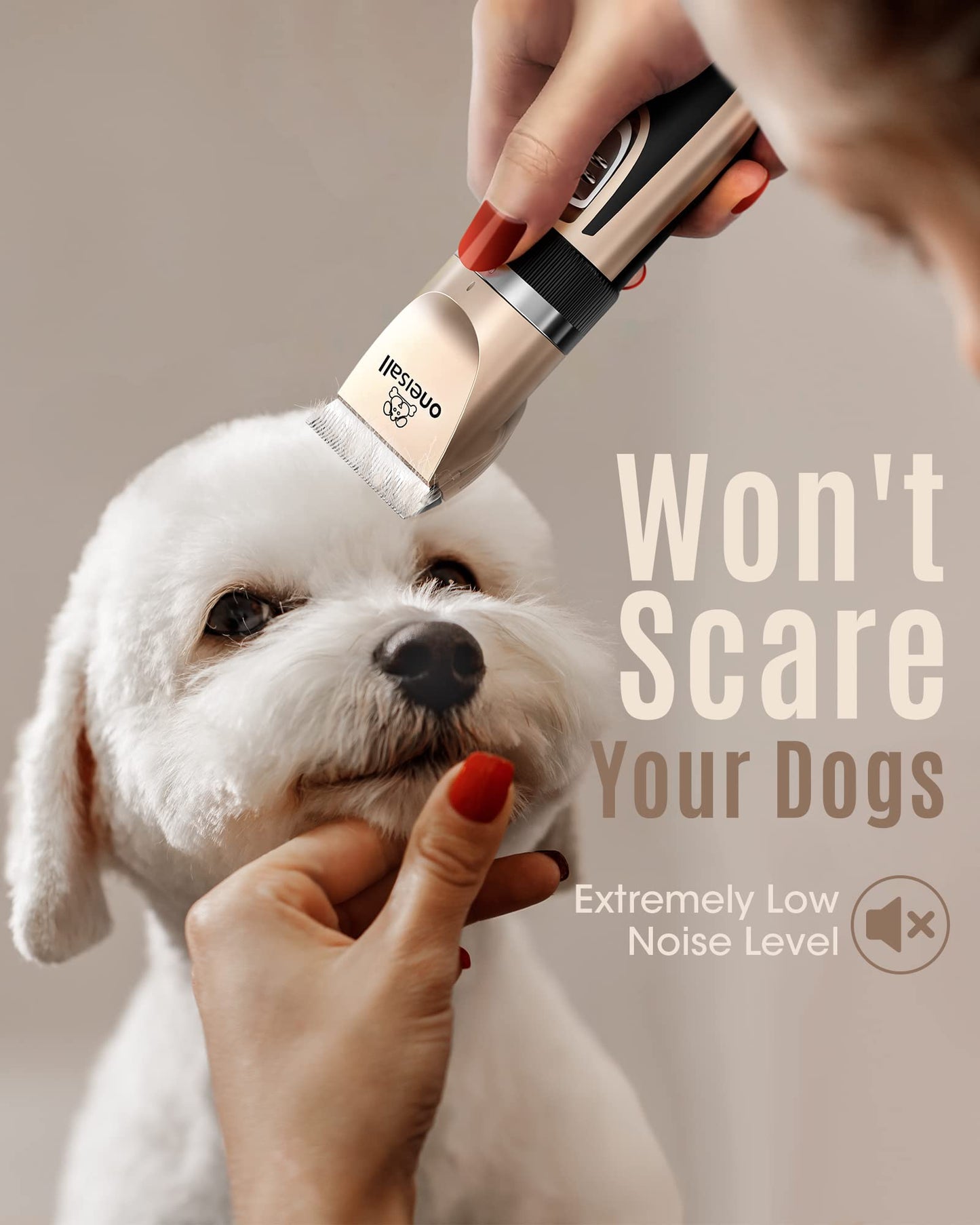 oneisall Dog Clippers Low Noise, 2-Speed Quiet Dog Grooming Kit Rechargeable Cordless Pet Hair Clipper Trimmer Shaver for Small and Large Dogs Cats Animals (Gold)