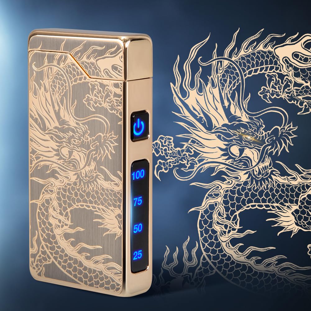 LcFun Electric Lighter USB Rechargeable, Dual Arc Plasma Lighter, Windproof Flameless Lighters, Electronic Lighters with LED Battery Indication Gifts for Men Boyfriend Husband (Dragon Gold)