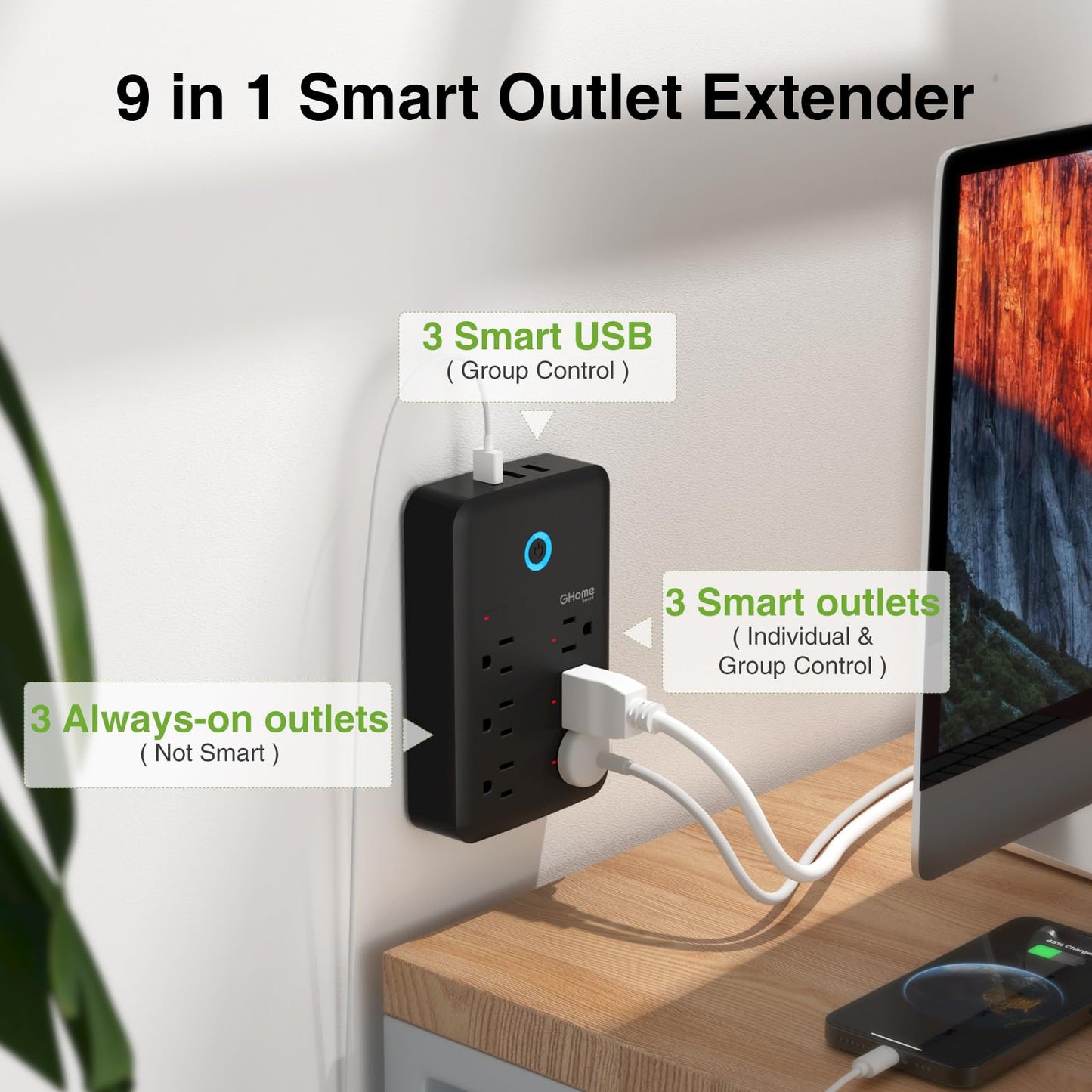GHome Smart Plug Outlet Extender, Surge Protector with 3 Individually Controlled Smart Power Strips and 3 Smart USB Ports, Smart Plugs that Works with Alexa Google Home, Smart Outlet, 15A/1800W, Black