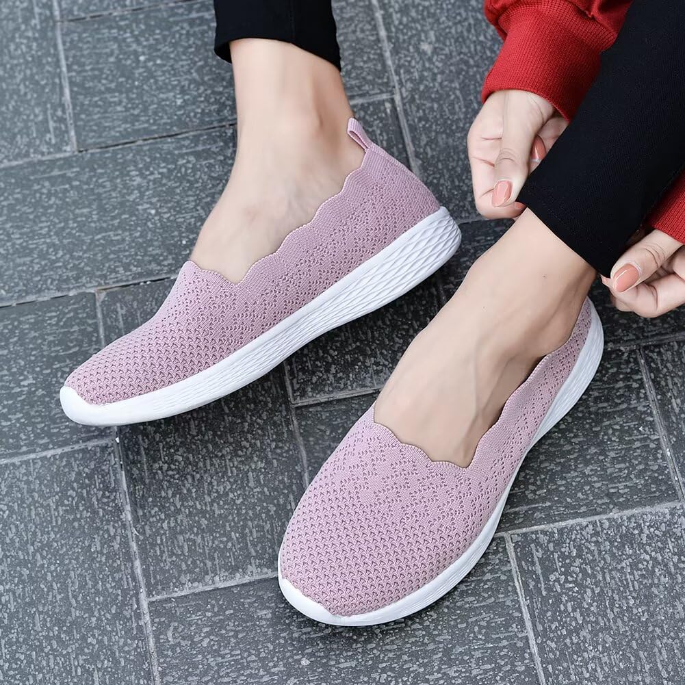 poemlady Women's Slip on Loafer Shoes - Mesh Casual Ballet Flat Nurse Walking Sneakers Knit Round Toe Casual Low Wedge Memory Foam Shoes, 1905 B/Pink 8.5