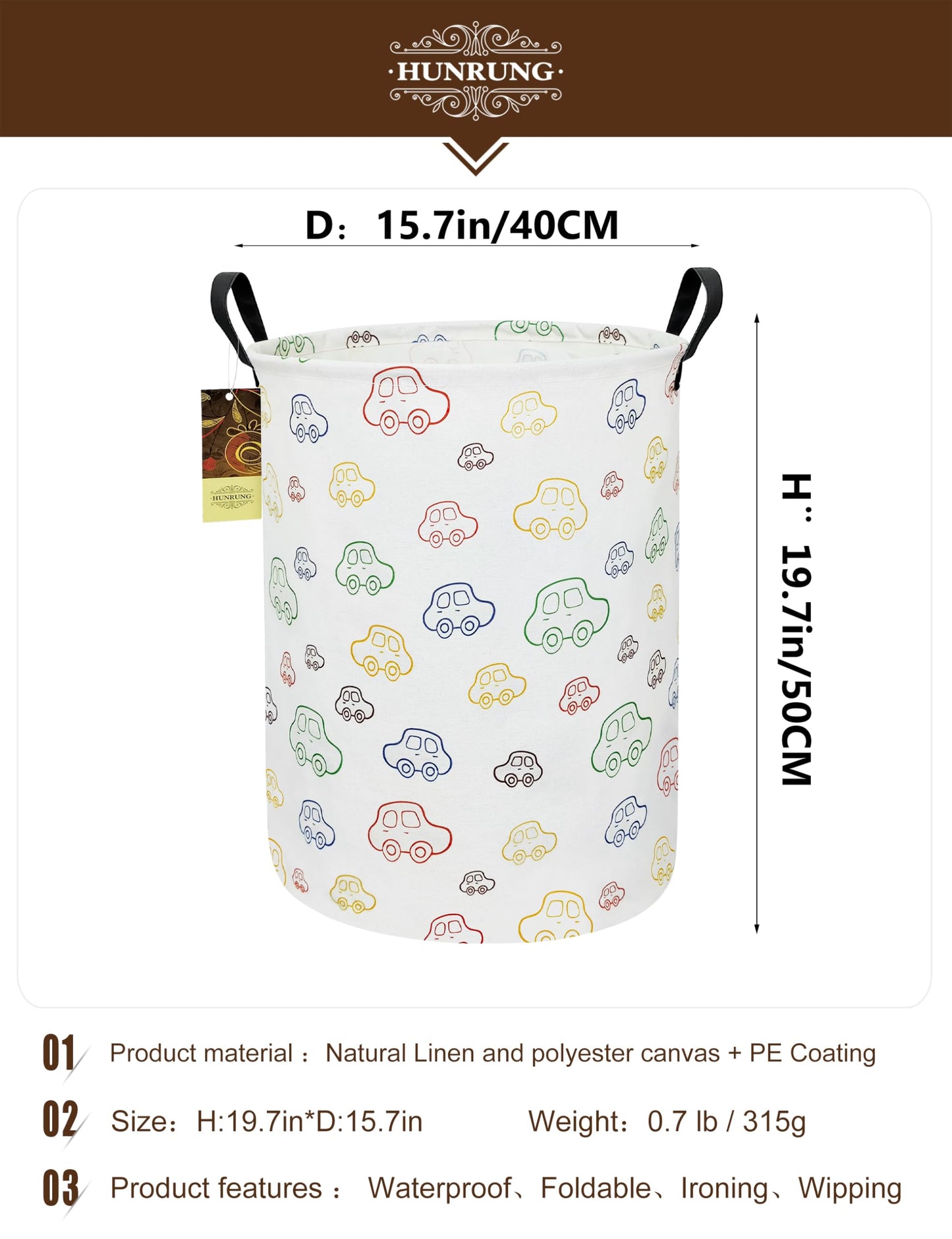 HUNRUNG Laundry Hamper,Large Canvas Fabric Lightweight Storage Basket Toy Organizer Dirty Clothes Collapsible Waterproof for College Dorms(Round-Car)