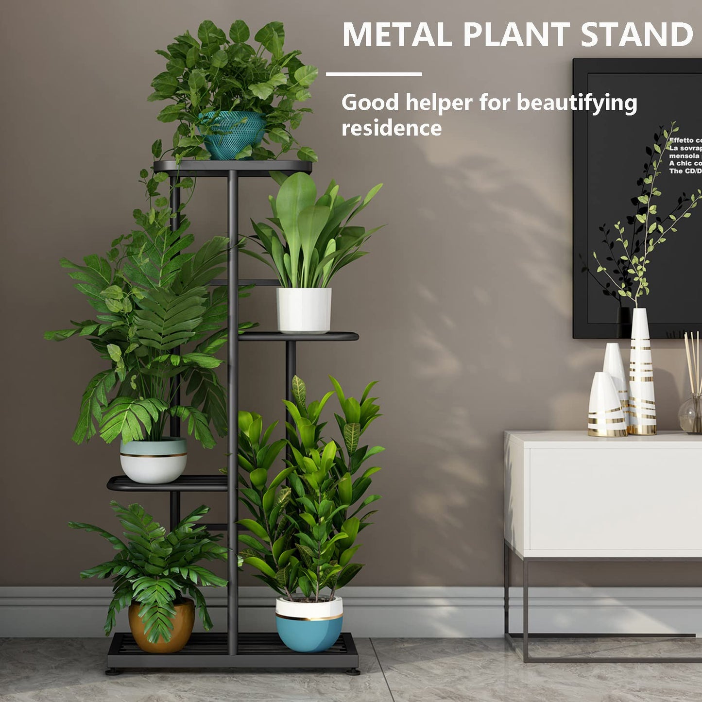LINZINAR Plant Stand Indoor Outdoor Metal 4 Tier 5 Potted Multiple Flower Pot Holder ShelfPlanter Display Shelving Unit for Patio Garden Corner Balcony Living Room