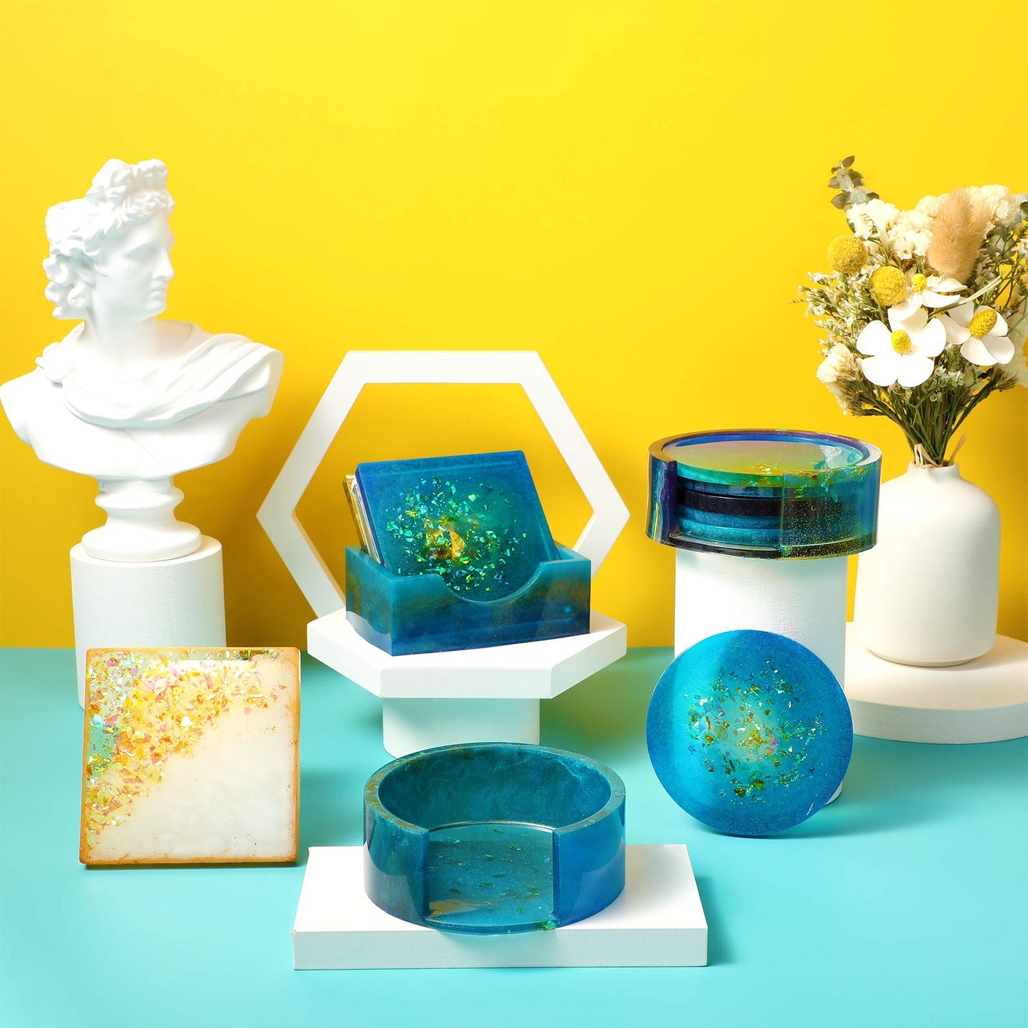 Patelai 12 Pcs Resin Molds Silicone Kit Epoxy Resin Molds Summer Coaster Mold Storage Box Mold in Rectangle Round Silicone Casting Mould for Art Summer DIY Jewelry Craft Cup Mat Home Decoration