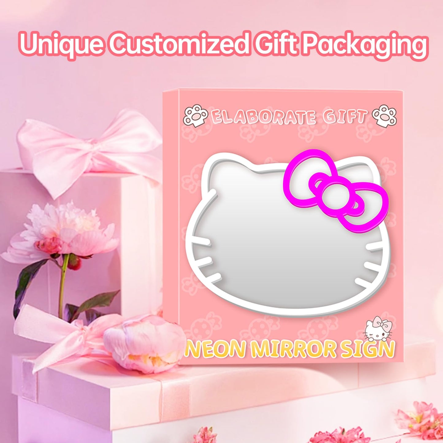 MCJSGSP Anime Hello Kit Mirror with Light Neon Signs for Wall Decor, Teen Girl Gift,Makeup Mirror neon Sign Room Decor (14.6 * 12.2 inch)