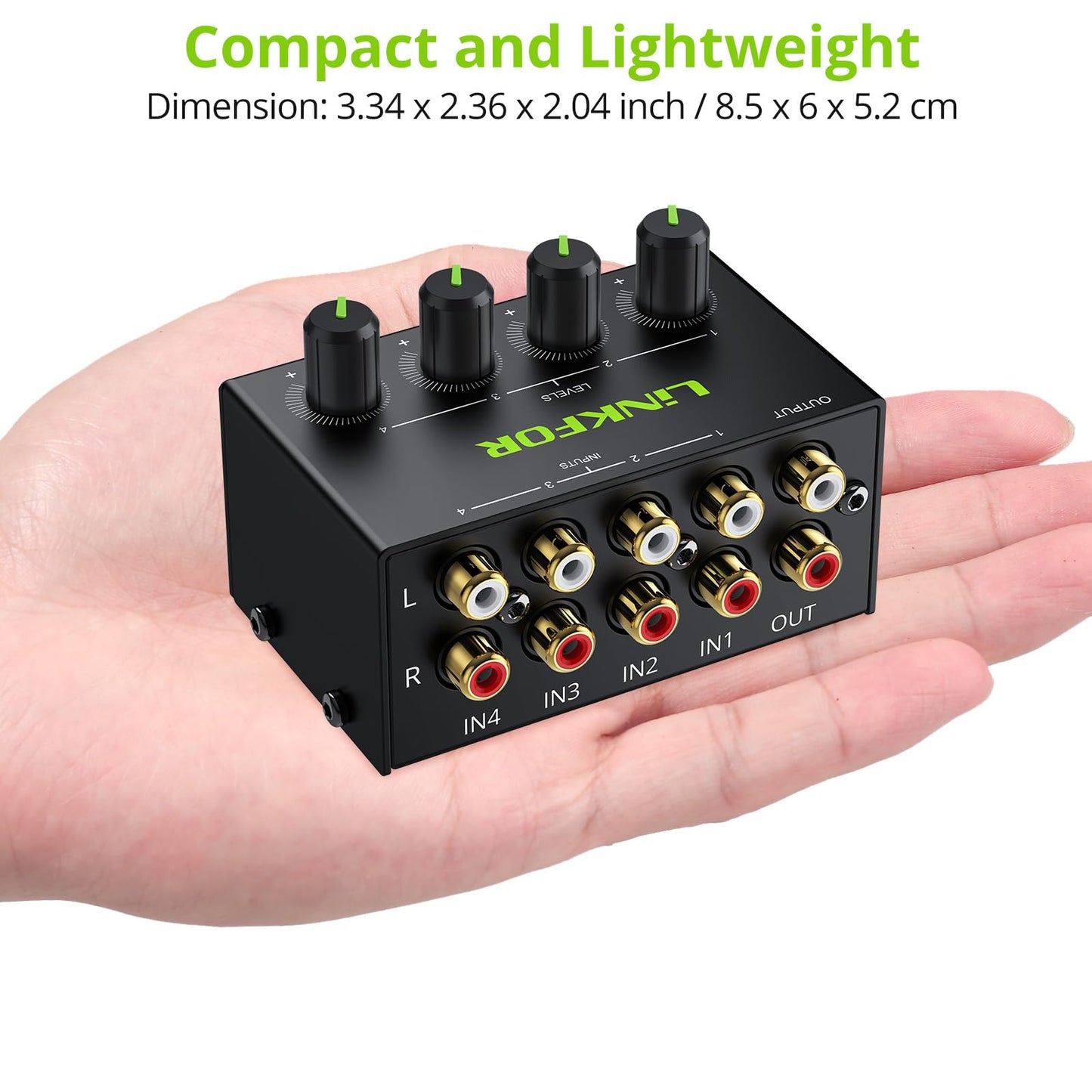 LiNKFOR 4 Channel Stereo Audio Mixer CX400 Metal Shell Support RCA Input and Output Mini Passive Stereo Mixer with Separate Volume Controls