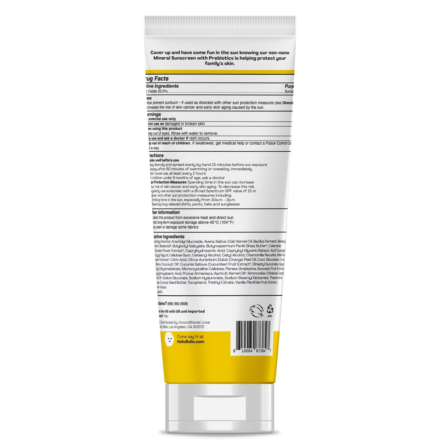 Hello Bello Mineral SPF 55 Sunscreen Lotion with Prebiotics, Water Resistant and Reef Friendly Sun Protection for Babies and Kids, 3 fl oz (Pack of 1)