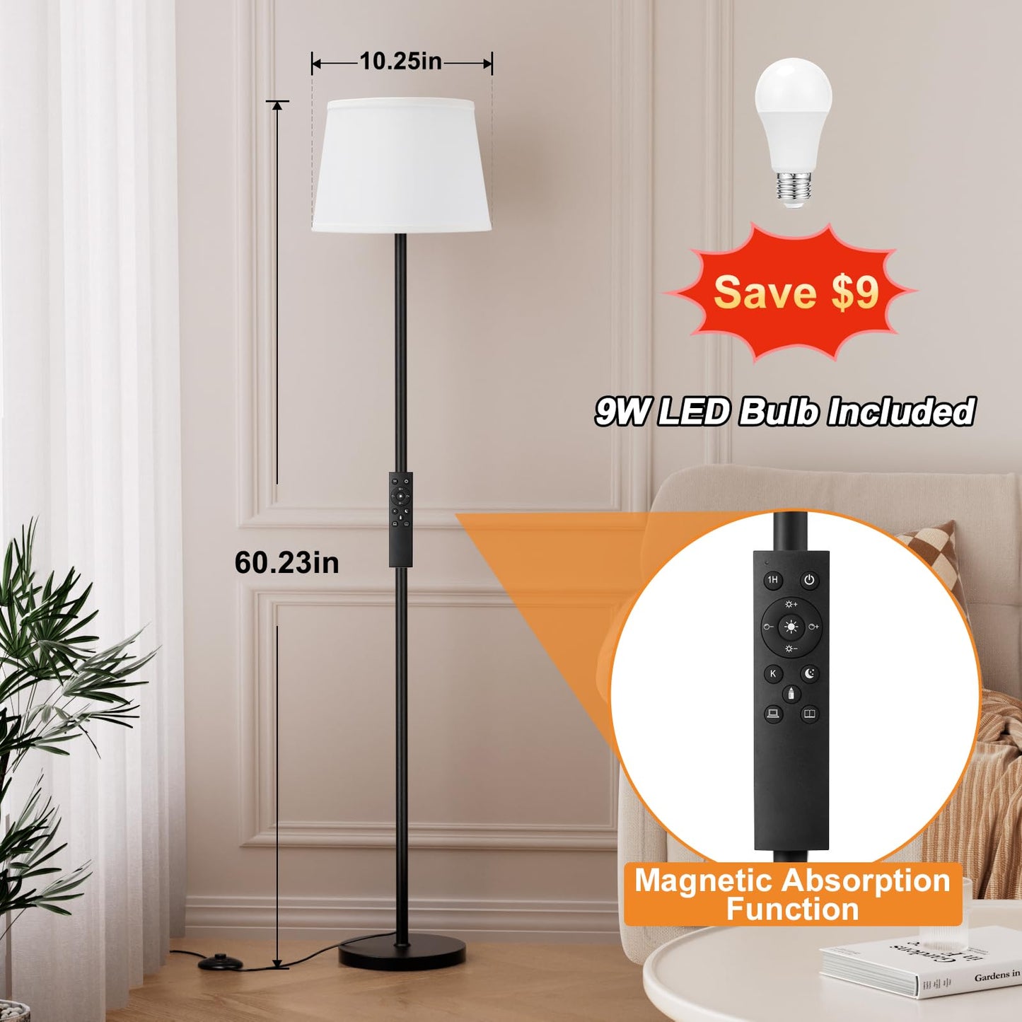 Raexpectis Modern Floor Lamp with Adjustable Brightness, Remote Control, Black, LED Bulbs, White Shade, Foot Switch, Easy Assembly
