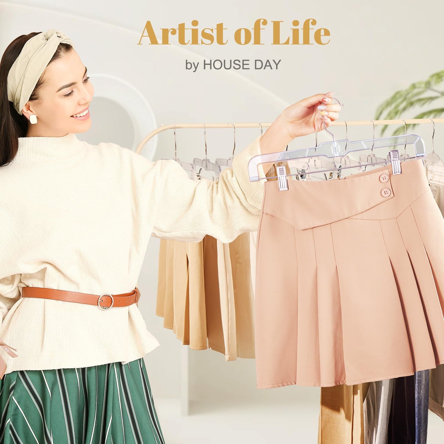 HOUSE DAY 12 Pack 14 inch Clear Plastic Skirt Hangers with Adjustable Clips, Pants Hangers 360-Rotating Swivel Hook, Clip Hangers for Pants, Trousers, Skirts, Jeans, Bulk Plastic Hangers