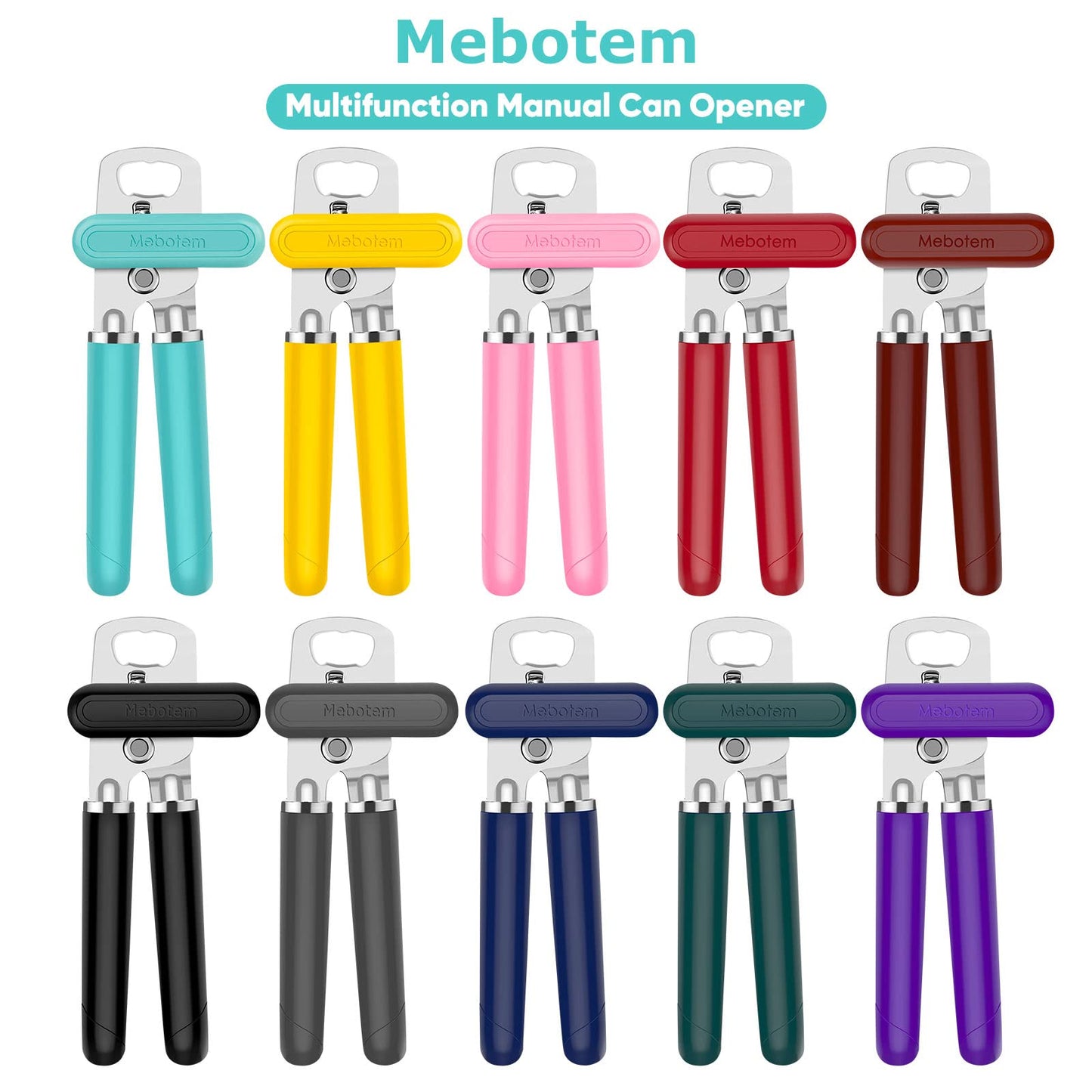 Mebotem 10 Colors Can Opener Manual Handheld Heavy Duty Hand Can Opener Smooth Edge Stainless Steel Can Openers Top Lid Kitchen Gadgets, Best Large Rated Easy Turn Knob, with Bottle Opener, Gray
