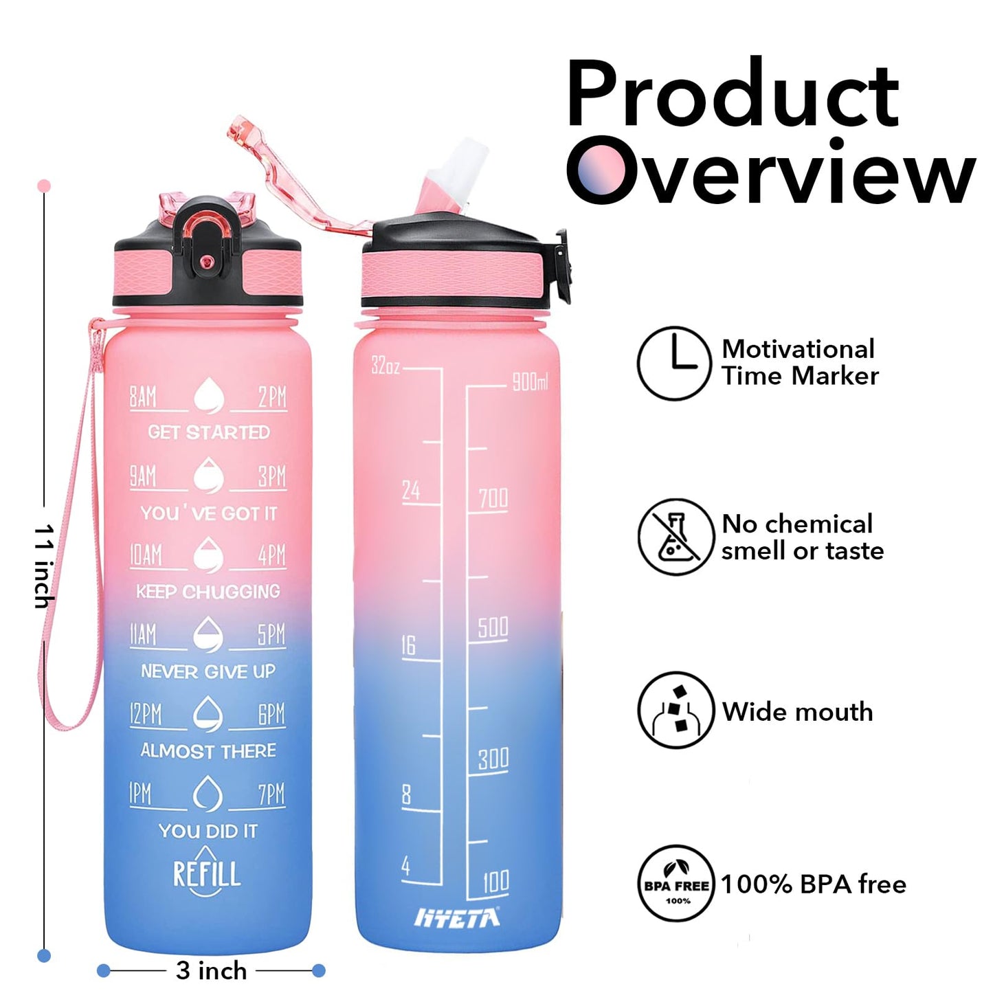 Hyeta 32 oz Water Bottles with Times to Drink and Straw, Motivational Water Bottle with Time Marker, Leakproof, Drinking Sports Water Bottle for Fitness, Gym and Outdoor