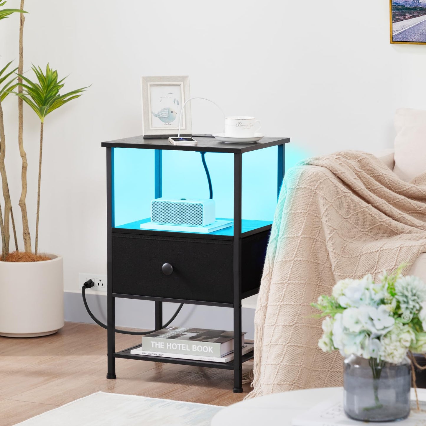 LOAKEKEL Night Stand Set 2, LED Nightstand with Charging Station, End Tables Living Room with Fabric Drawer, Small Side Tables for Bedroom, Small Space, Black, HETS01BK