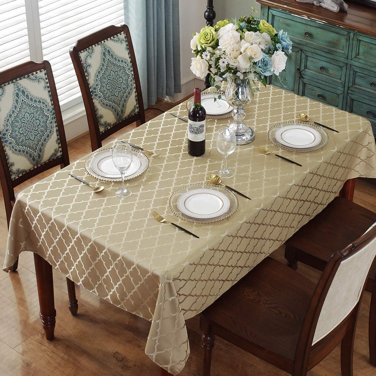 Jacquard Tablecloth Flower Pattern Polyester Table Cloth Spill Proof Dust-Proof Wrinkle Resistant Table Cover for Kitchen Dining Tabletop Decoration (Rectangle/Oblong, 60" x 84" (6-8 Seats), Gold)
