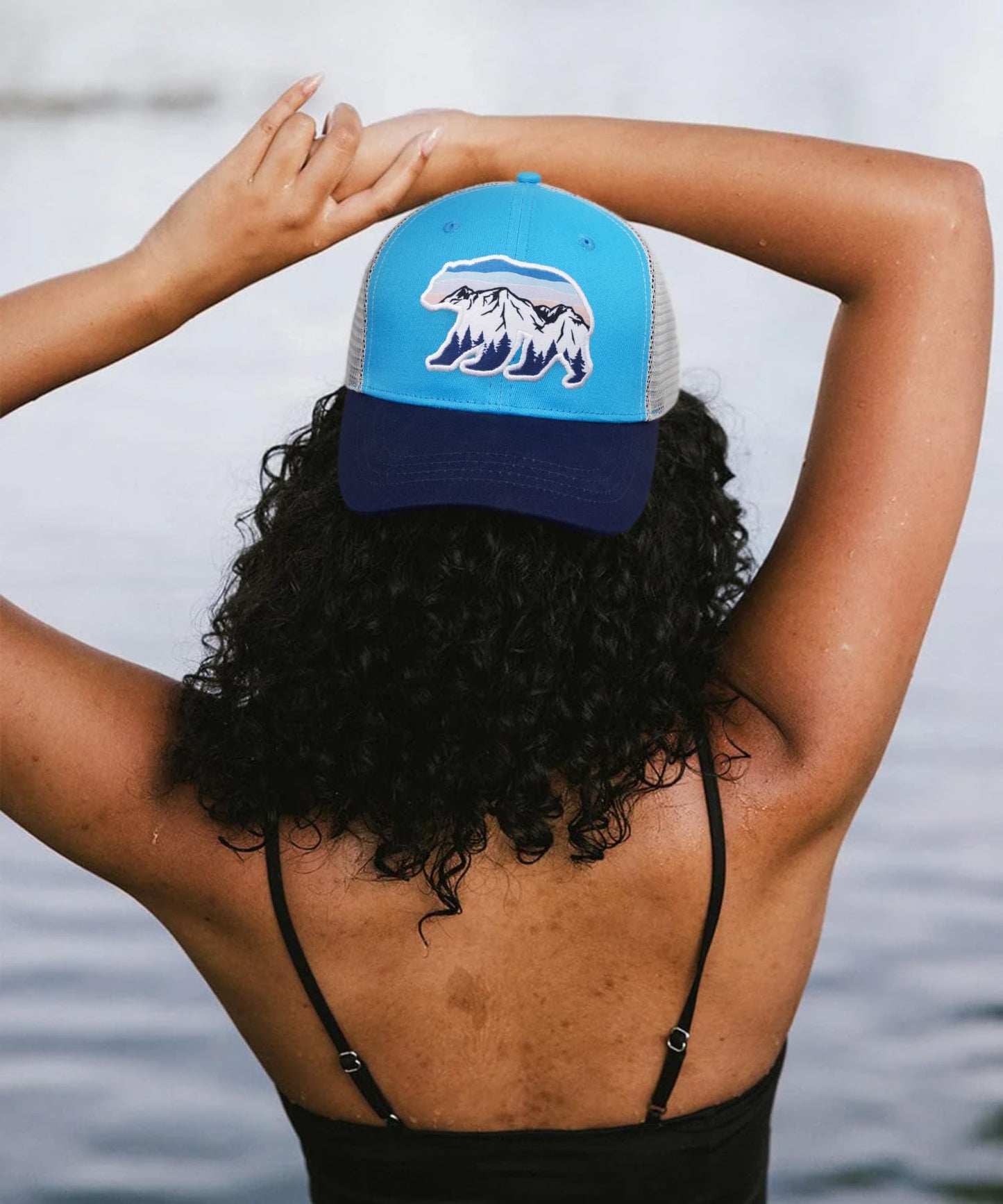 Pnkvnlo California Bear&Mountain Trucker Hats for Men - Embroidered Adjustable Mesh Baseball Men Caps for Wilderness Explore - Blue Bear