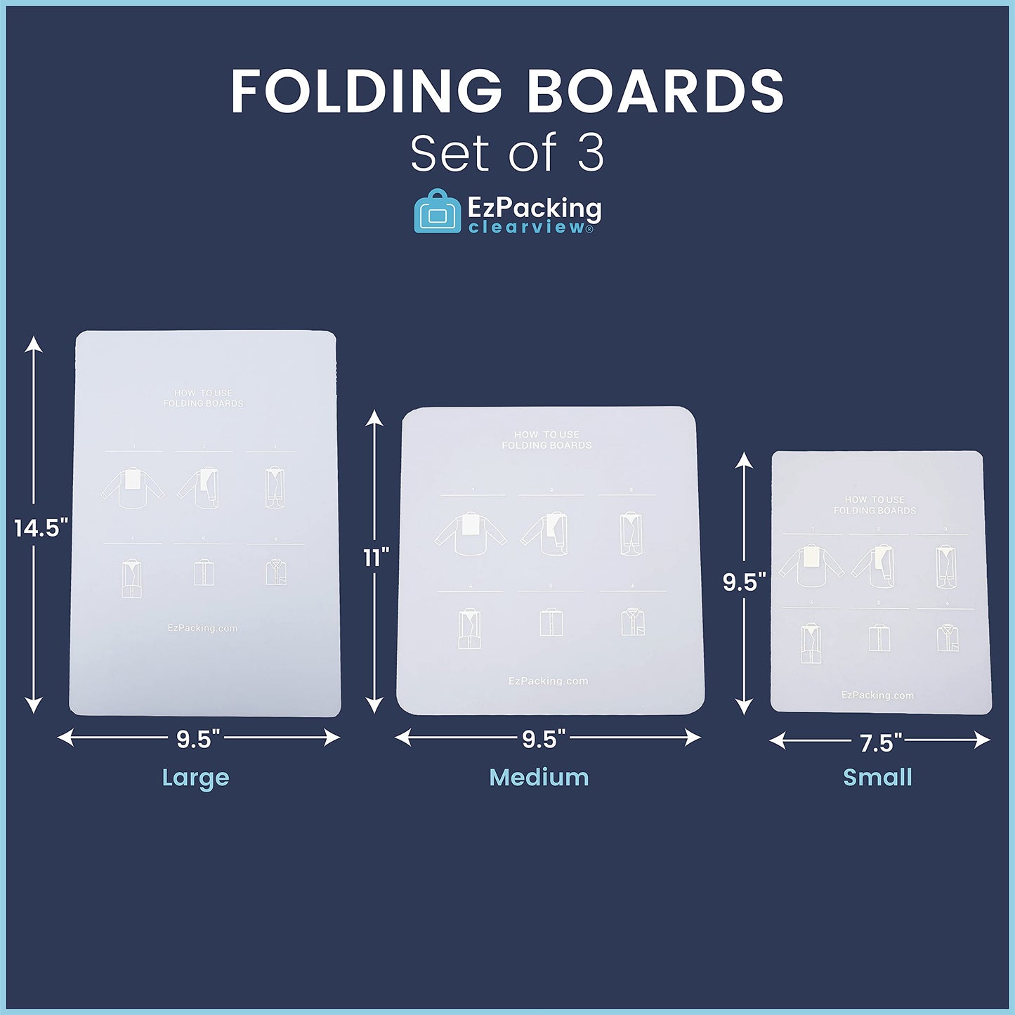 Laundry Folding Boards for Clothing & Garments Set of 3 / For Adults & Kids/Perfect for T-Shirts, Dress Shirts & Sweaters/Folding Helper Tool in Small, Medium & Large/For Travel, Home or Retail
