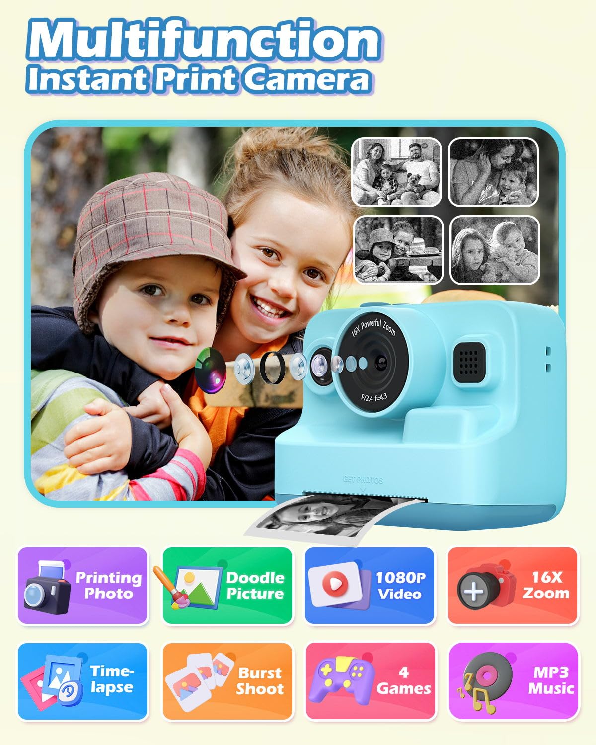 Anchioo Kids Camera Instant Print, 1080P Kids Digital Camera with Printer Paper, Christmas Birthday Gift for Girls Boys Age 3-12, Kids Print Camera Toy for 4 5 6 7 8 Year Old Boy, 32G SD Card - Blue