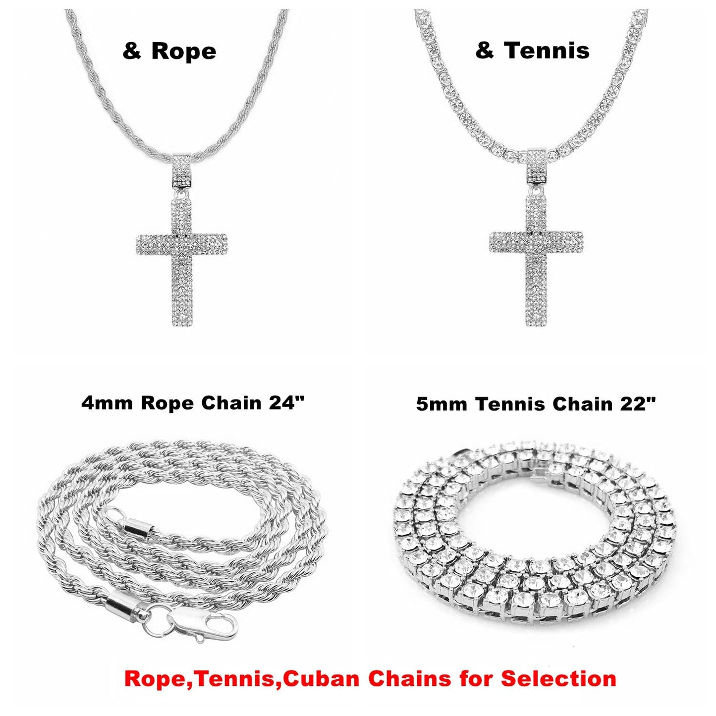 HH BLING EMPIRE Gold/Silver Diamond Cross Pendant Necklace for Men Women-Iced Out Chains with Cross Necklace 24 Inch (Cross F-Silver, & Tennis Chain)