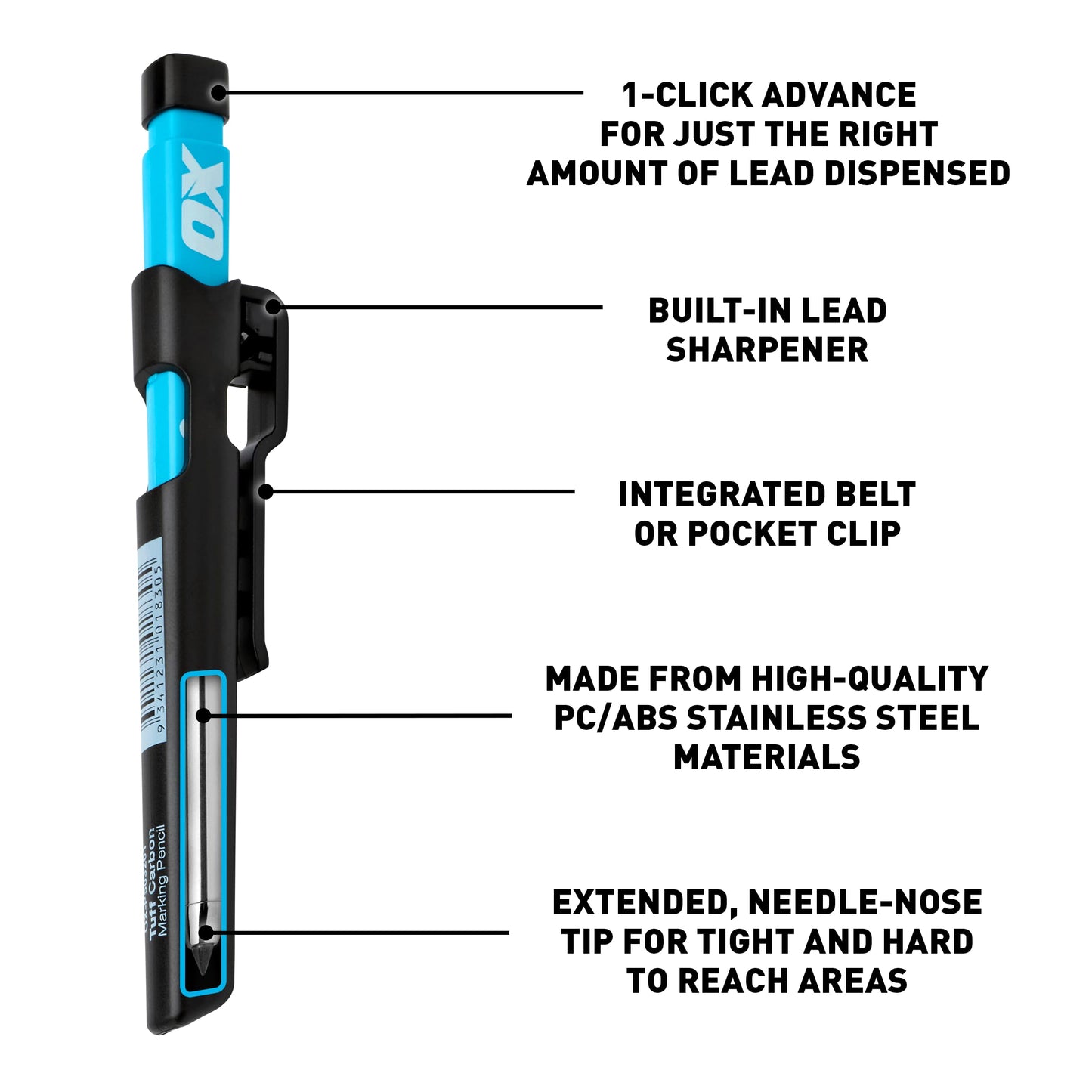 OX Tools Pro Tuff Carbon Marking Pencil with Holder, Sharpener, & Belt Clip - Heavy Duty Mechanical Pencil Ideal for Carpenters, Woodworking and Construction, OX-P503201