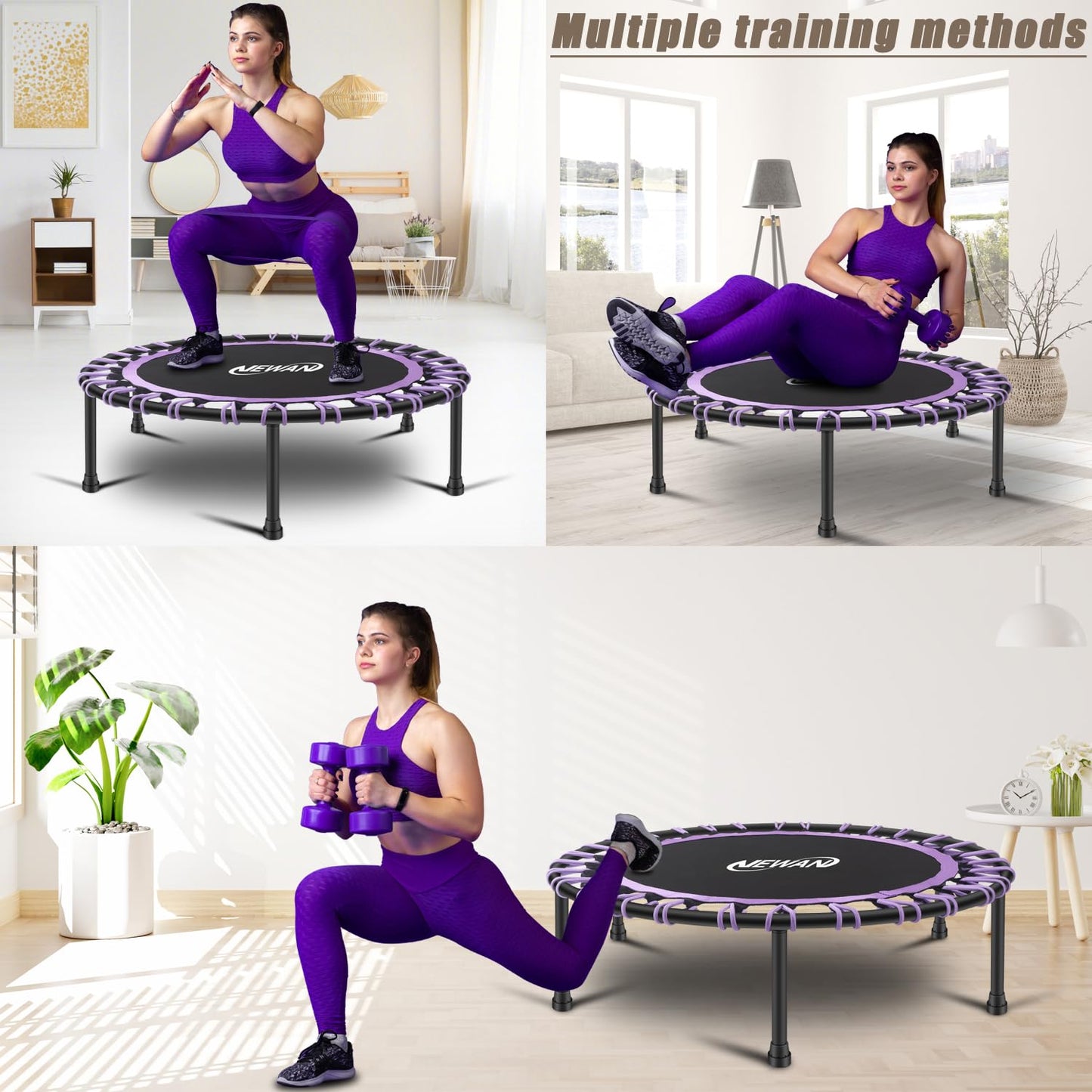 Newan 40" Silent Mini Trampoline Fitness Trampoline Bungee Rebounder Jumping Cardio Trainer Workout for Adults-Max Limit 330lbs