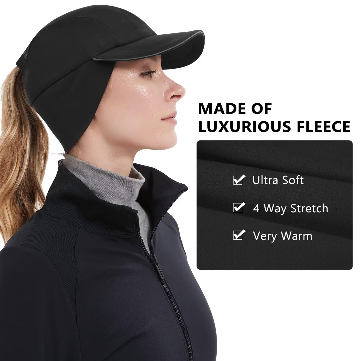 GADIEMKENSD Winter Running Hats Reflective Fleece Ponytail Hat for Women Baseball Caps with Earflap Drop Down Ear Warmer Mens Skull Cap Beanie with Visor Cold Hat for Outdoor Hiking Snow Ski Black