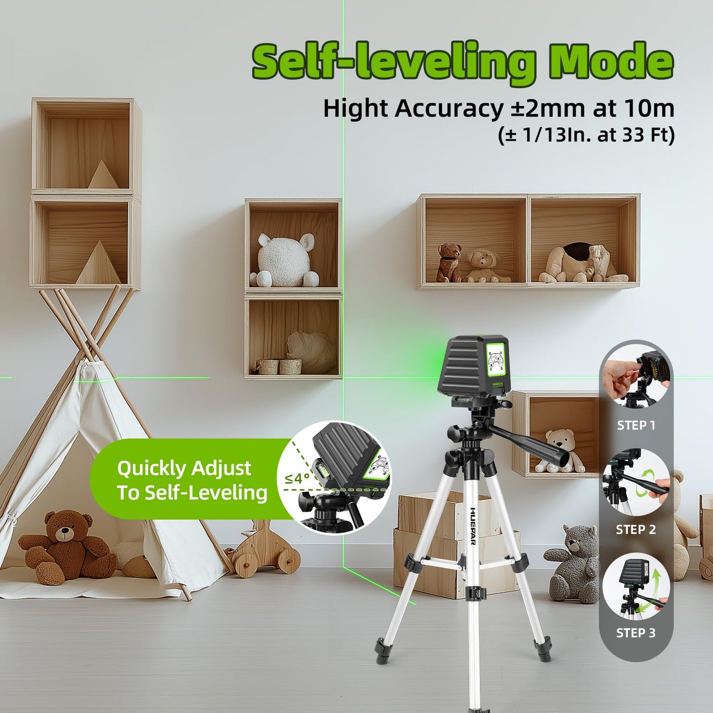 Laser Level with Tripod, Huepar 150Ft Self Leveling Lazer Level Outdoor Use, 150° Vertical Green Cross Line Level Laser for Picture Hanging, Tile, Construction Project - Pulse Mode (25.6 in Tripod)