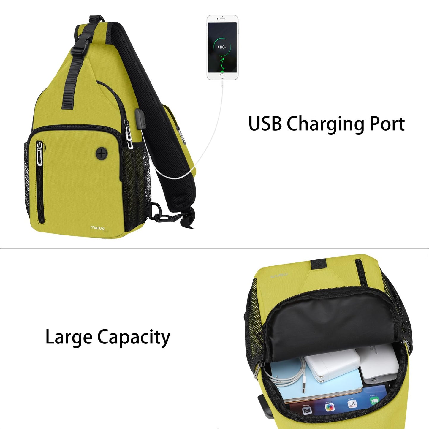 MOSISO Sling Backpack Bag, Crossbody Shoulder Bag Travel Hiking Daypack Chest Bag with Front Square Pocket&USB Charging Port, Yellow