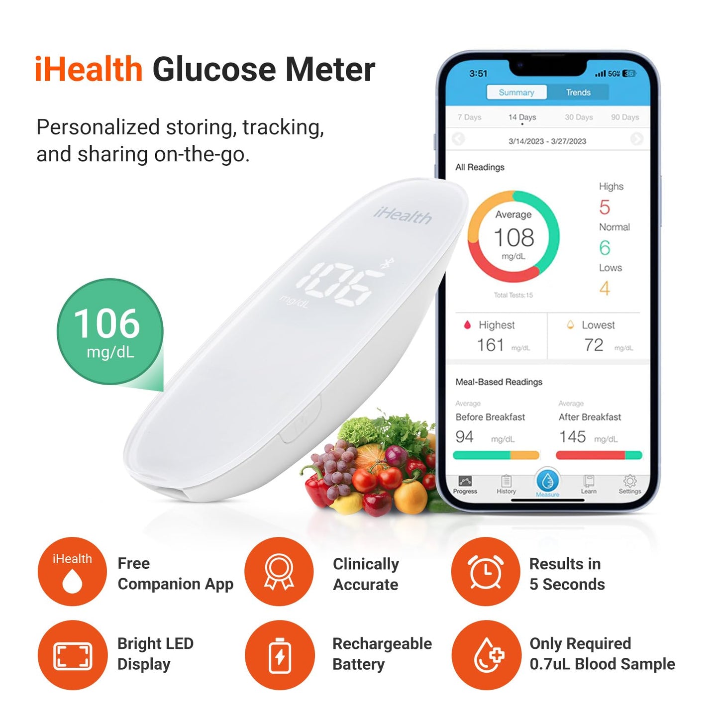 iHealth Gluco+ Wireless Smart Blood Glucose Monitor Kit with Free App, 100 Glucometer Strips, 100 Lancets, 1 Blood Sugar Monitor, 1 Lancing Device, Portable Diabetes Testing Kit for Home Use