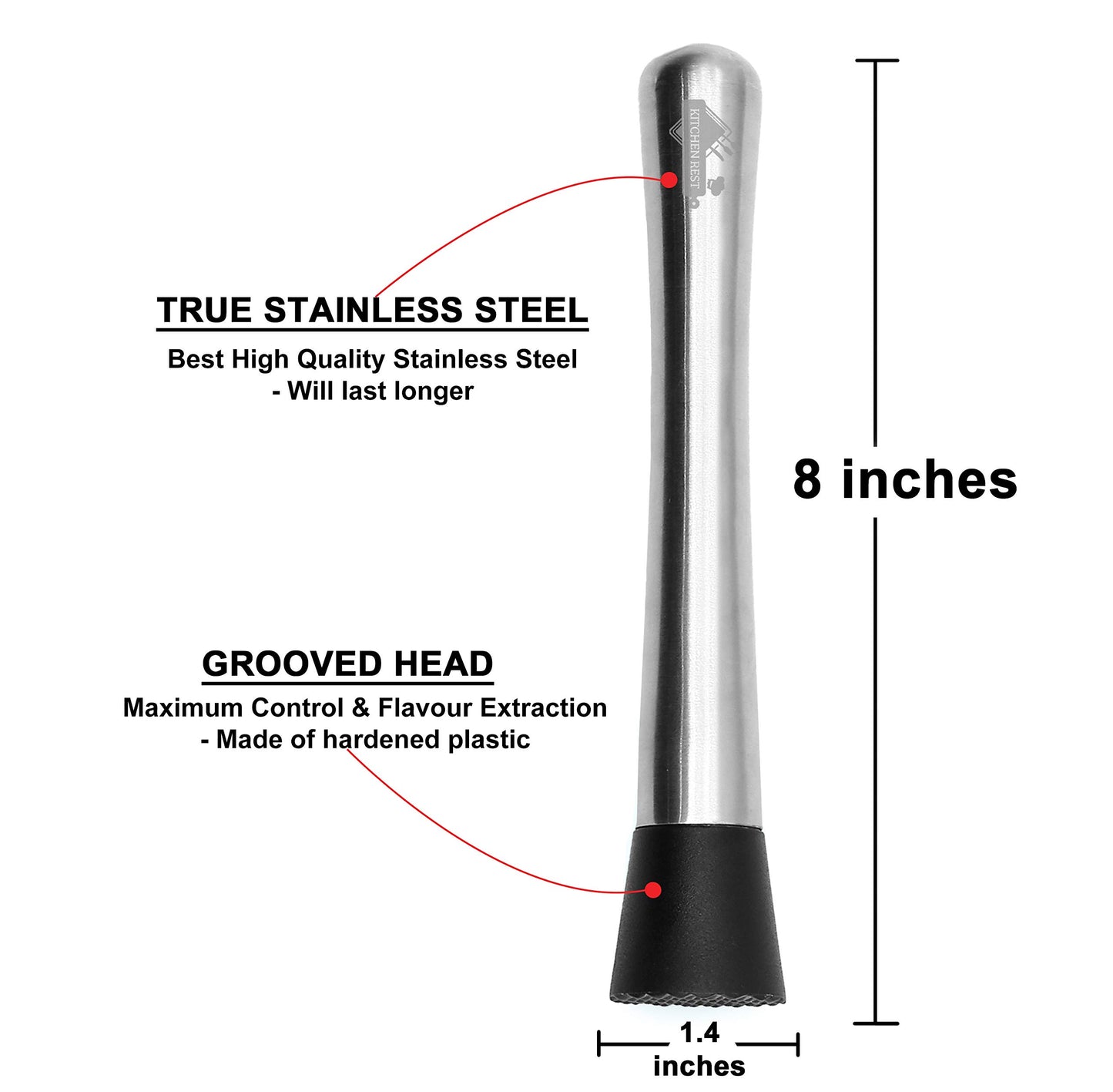 Kitchen Rest Muddler for Cocktails - 8inch Long 1pc 304 Stainless Steel Fruit Crusher - Bar Tools for Home for Making Mojito Mix and Other Fruit Drinks (8 Inch)