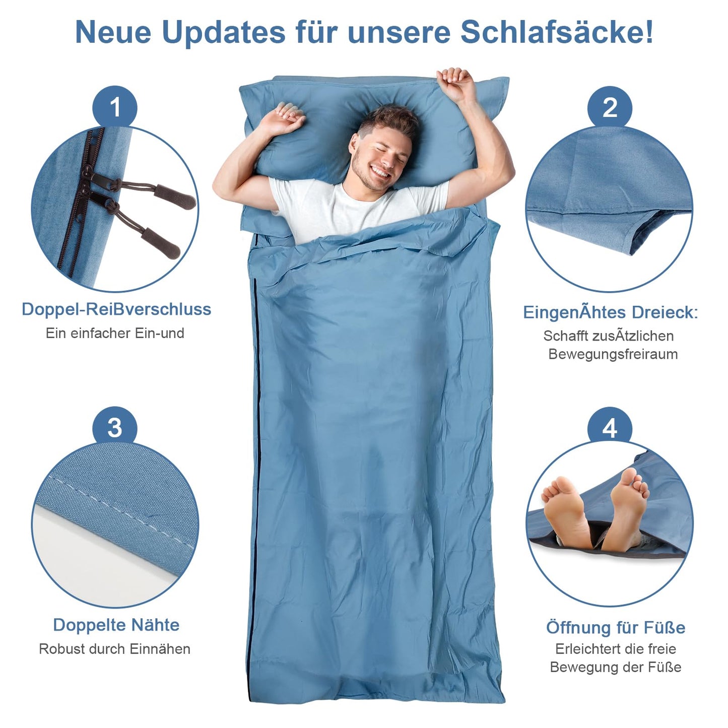 LSTRAGY Sleeping Bag Liner, Updated Adult Sleep Sack & Travel Sheets with Foot Zipper, Lightweight and Portable Camping Sleeping Bag Liners - Ideal for Backpacking, Hostels and Camping(Blue)