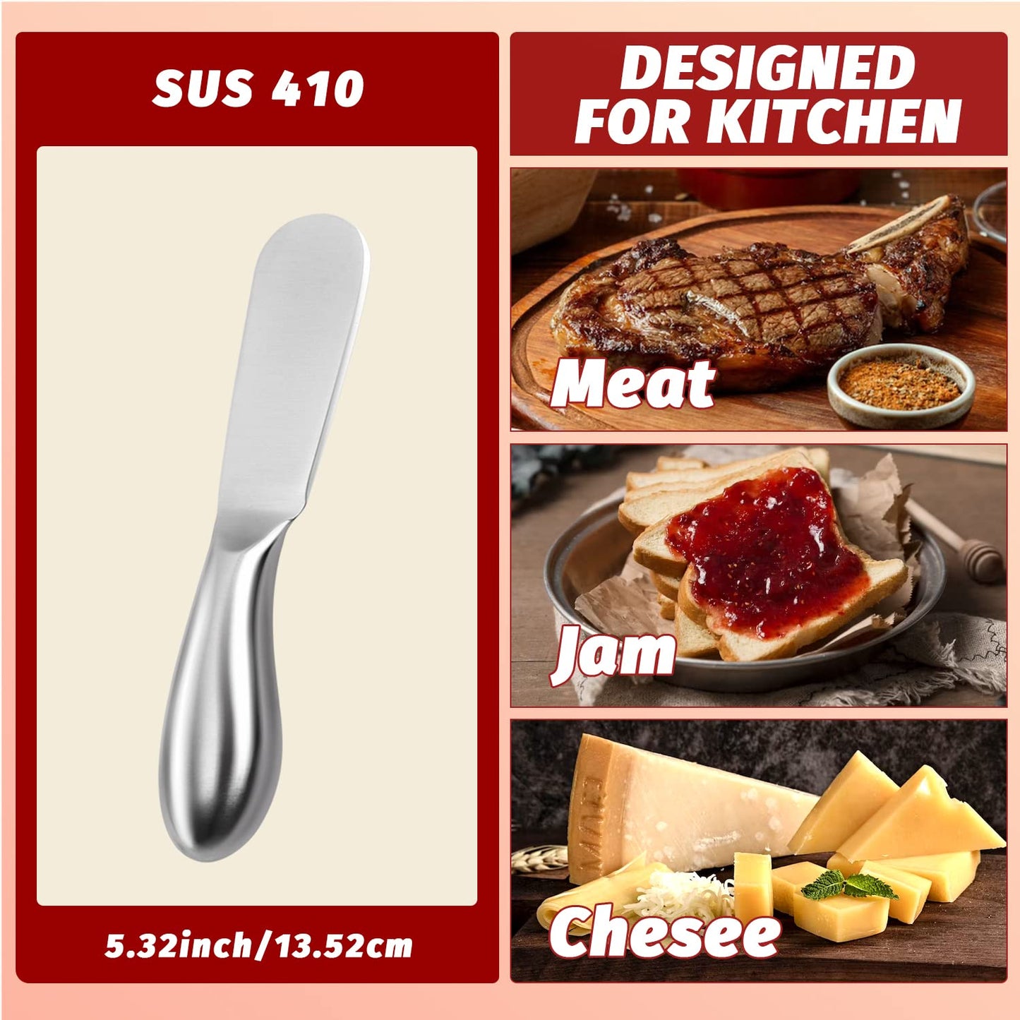 Mlurcu Butter Knives 4 Pieces Stainless Steel Cheese Butter Spreader Knife Set for Cold Butter, Cream Cheese, Jam, Pastry, Charcuterie, Multipurpose Kitchen Gadgets