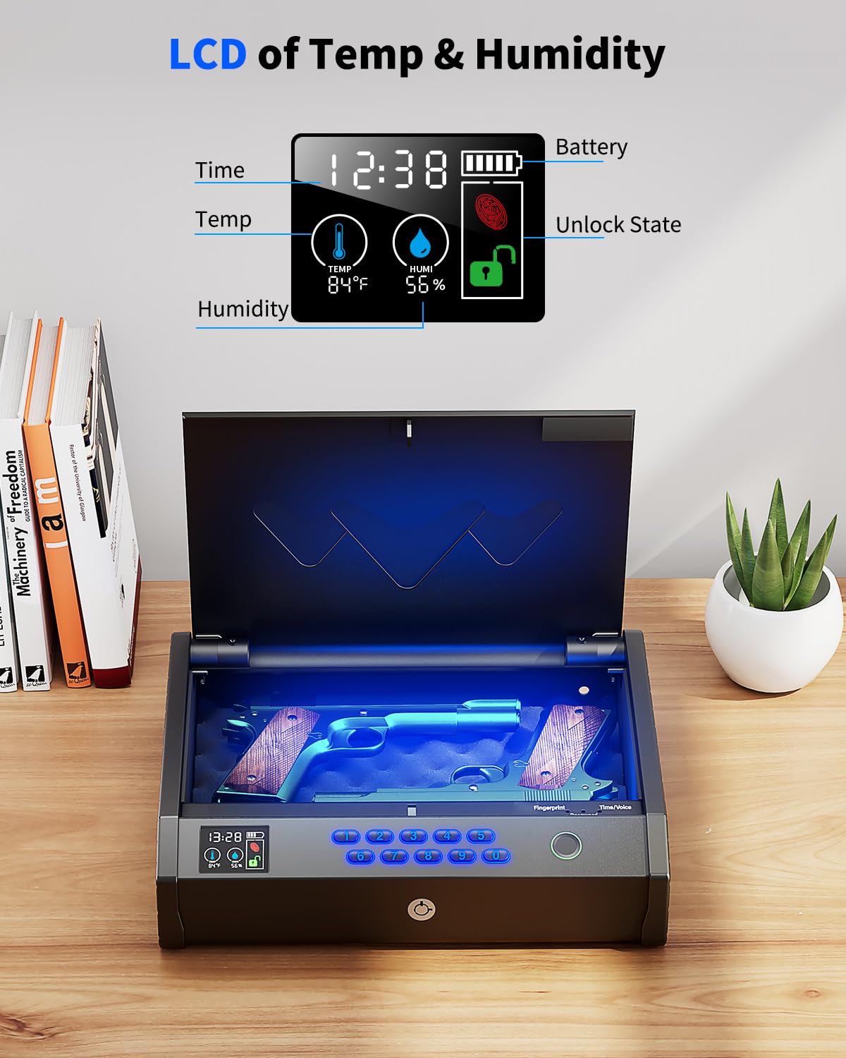 movgul Gun Safes, Biometric Pistol Safe with LCD Display of Temperature Humidity USB Port, Gun Safes 3 Ways Quick Access Fingerprint Handgun Safe for Nightstand Car