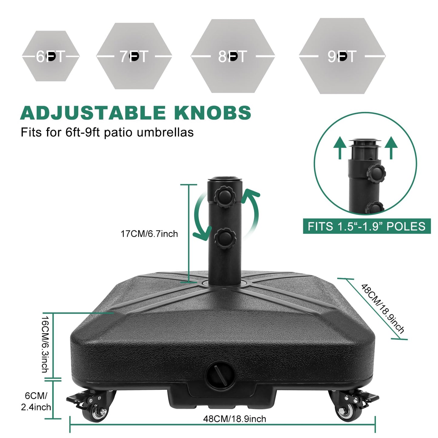 RAOKUKH DZ4733 MS Patio Umbrella Base Heavy Duty with Wheels Square Market Stand for Outdoor 4 Locks 1 Knobs 125lb Capacity, Black