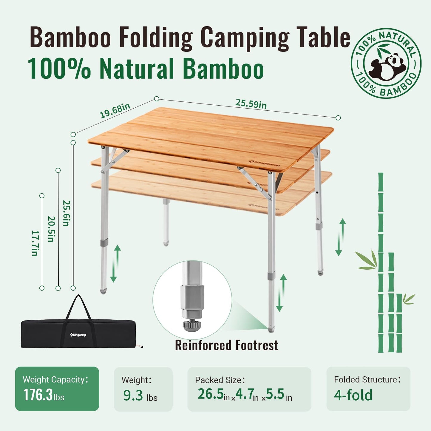KingCamp Adjustable Height Folding Table, 4-Fold Bamboo Camping Outdoor Portable RV Camp Table with Carry Bag for Outdoor Car Backyard Picnic Tailgating Beach