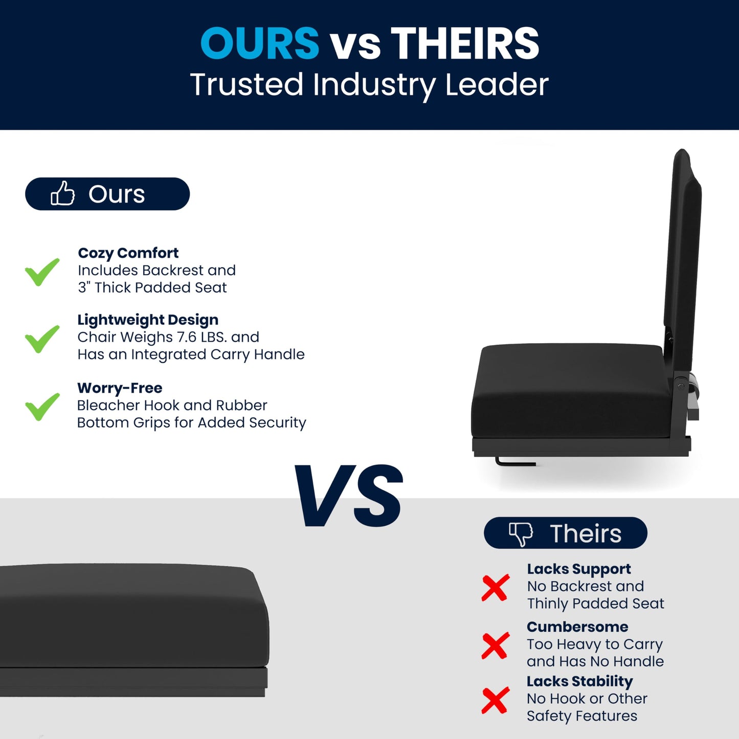 Flash Furniture Grandstand Portable Stadium Seat for Bleachers or Benches, Folding Padded Stadium Chair with Carrying Handle, 500 lb. Weight Capacity, Black