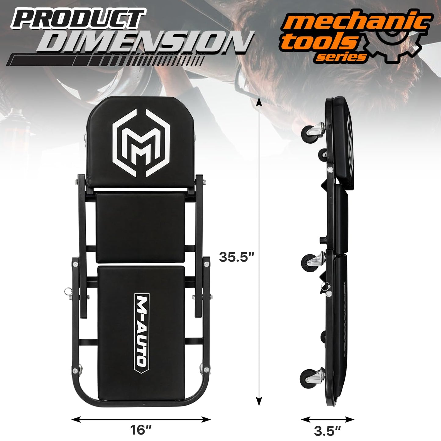 M-AUTO Foldable Z Creeper 2-in-1 Rolling Folding Car Creeper & Seat, 36" Adjustable Roller Garage Chair Lay Down or Sit, 330LBS Capacity Under Car Roller Creeper with 6 Swivel Casters, Black