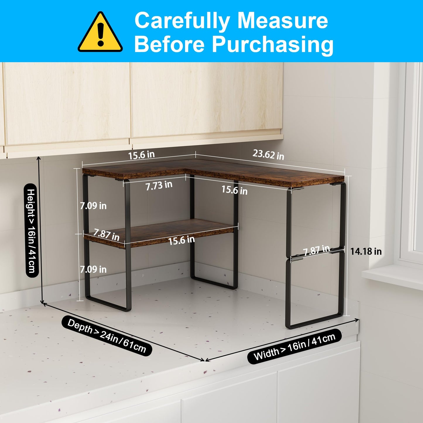 Golener Countertop Organizer Corner Shelf, 2 Tier Adjustable Stackable Corner Shelves for Kitchen, Bathroom, Spice Rack, Coffee Area, Over Sink, Dresser Table, Corner Counter Shelf Stand, Rustic Brown