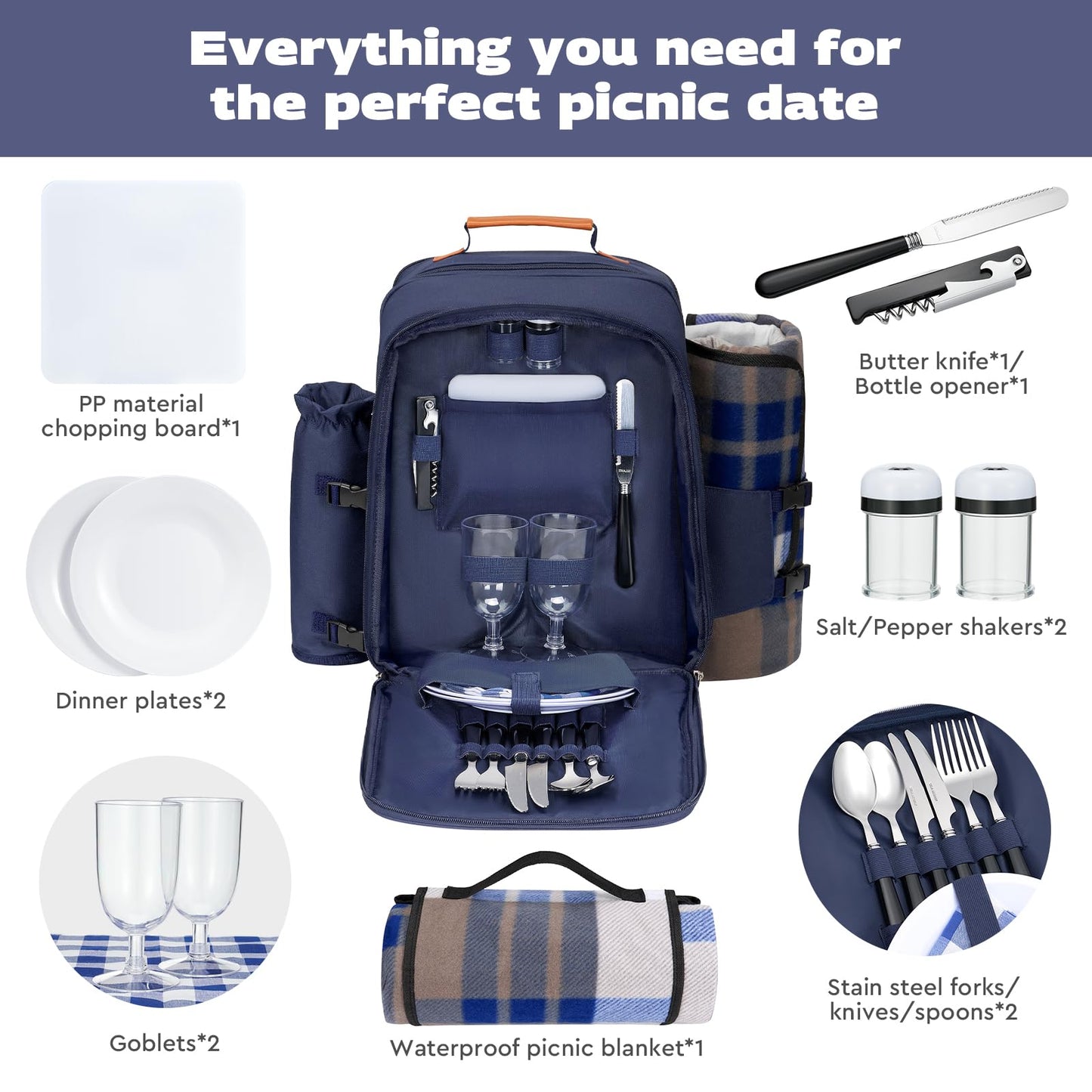 24L Insulated Picnic Basket Leak Proof Picnic Backpack for 2, Blue Camping Gifts, Cool Bridal Shower Gifts for Bride and Groom, Mr and Mrs, Anniversary Engagement Wedding for Newly Engaged Couples