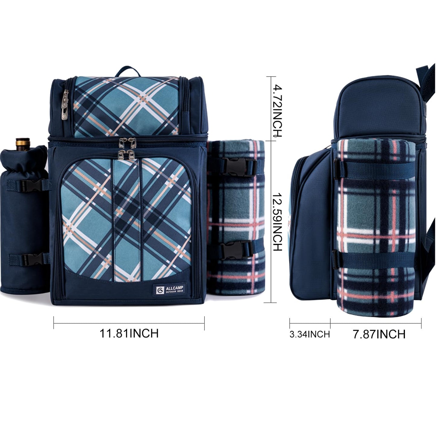 ALLCAMP Picnic Basket Backpack Cooler for 2 Person with 2 Insulated Cooler Compartment,Detachable Bottle/Wine Holder, Fleece Blanket, Plates and Cutlery for Family,Couple and Friend Gatherings (Blue)