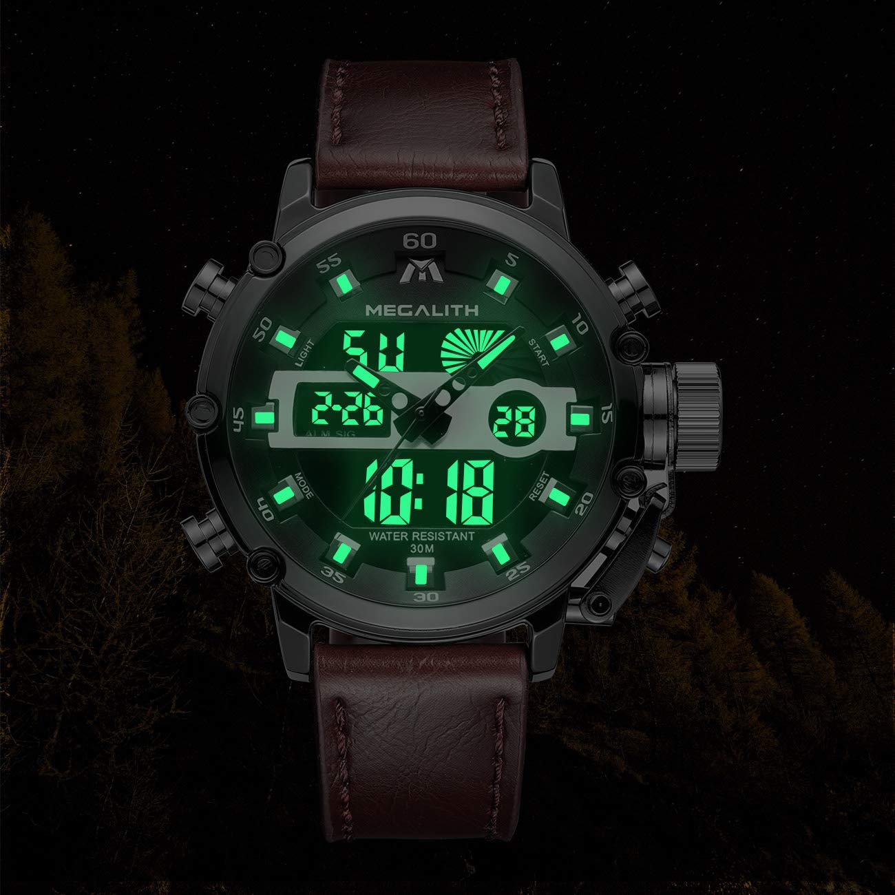 MEGALITH Mens Watches with Leather Waterproof Digital Military Sport Tactical Multifunction Heavy Duty Led Silver Watch for Men, Alarm Stopwatch